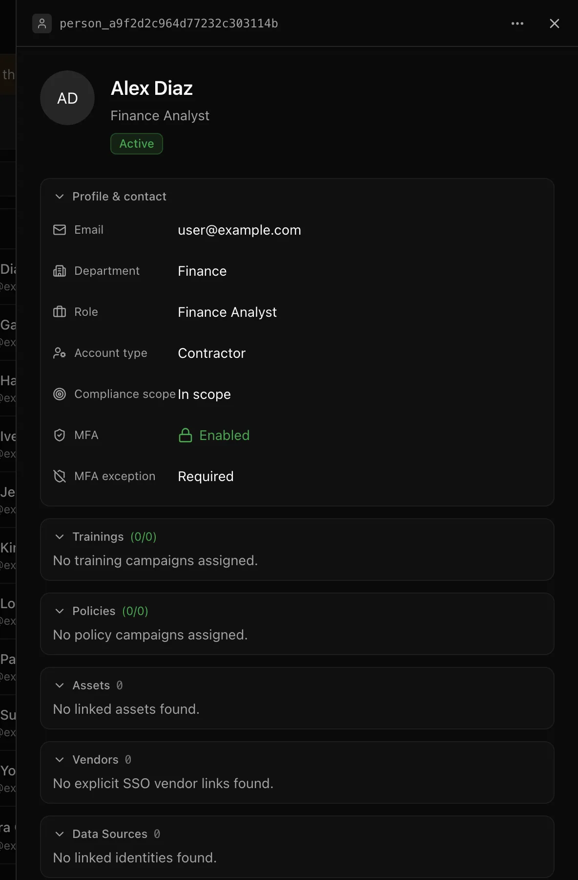 The person drawer with profile and contact fields and the trainings, policies, assets, vendors, data sources, and groups sections
