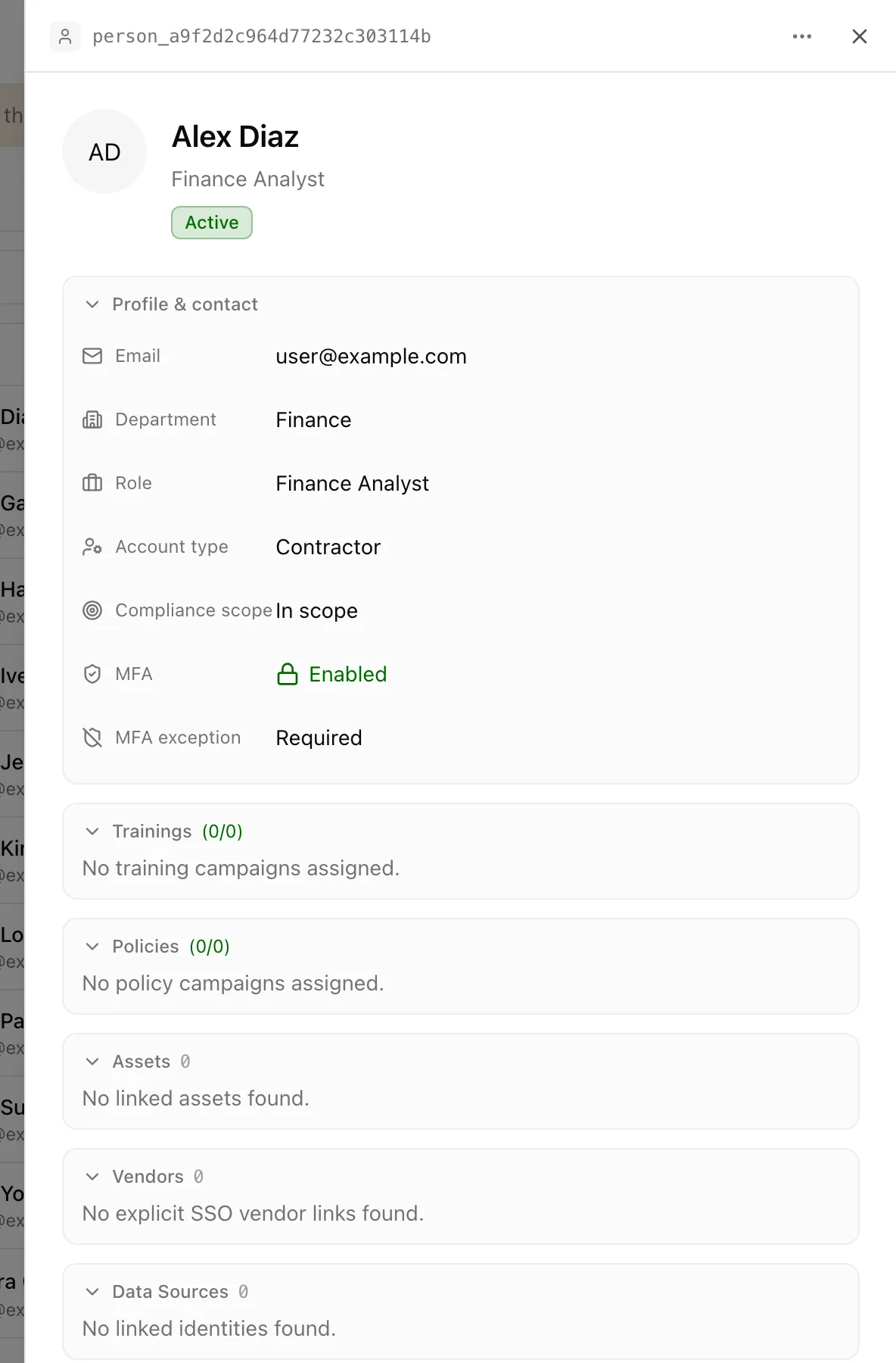 The person drawer with profile and contact fields and the trainings, policies, assets, vendors, data sources, and groups sections