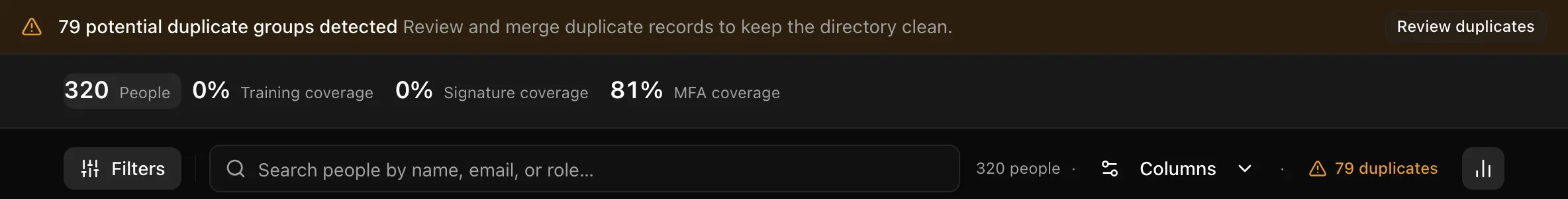 The directory with the duplicate-groups banner, its Review duplicates action, and the duplicates filter applied