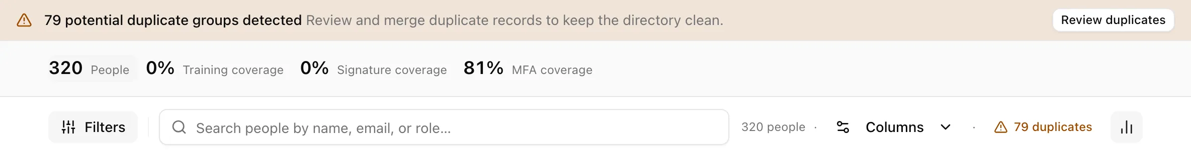 The directory with the duplicate-groups banner, its Review duplicates action, and the duplicates filter applied