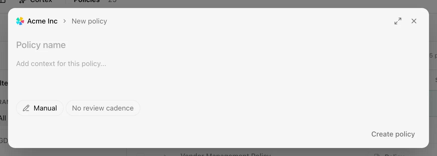 The create policy dialog with the four source options and the frequency select