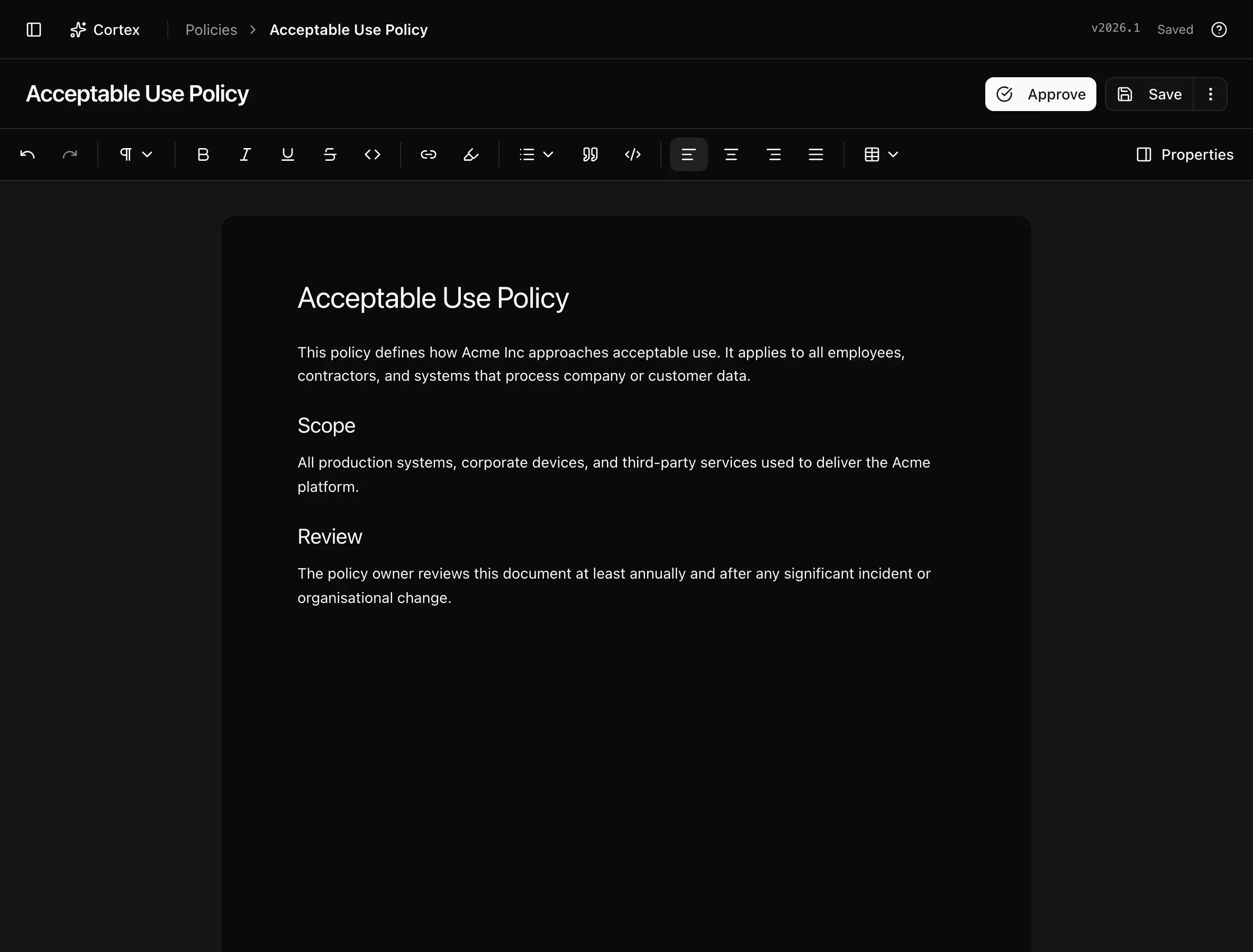 The policy editor with the document on the left and the Properties, Linked controls, and History panels on the right
