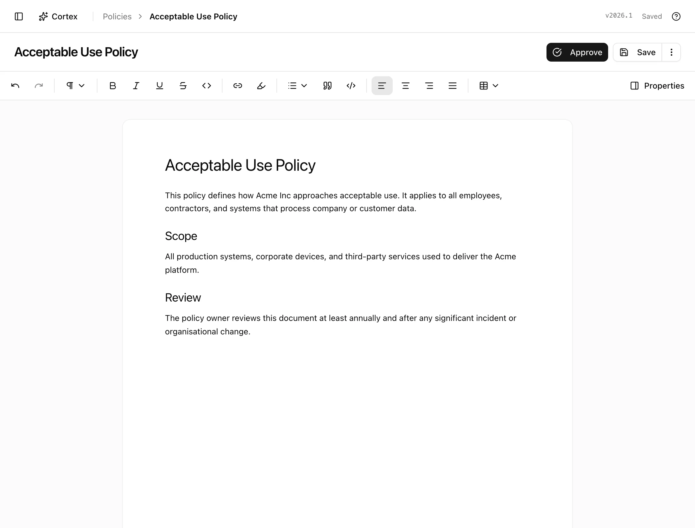The policy editor with the document on the left and the Properties, Linked controls, and History panels on the right