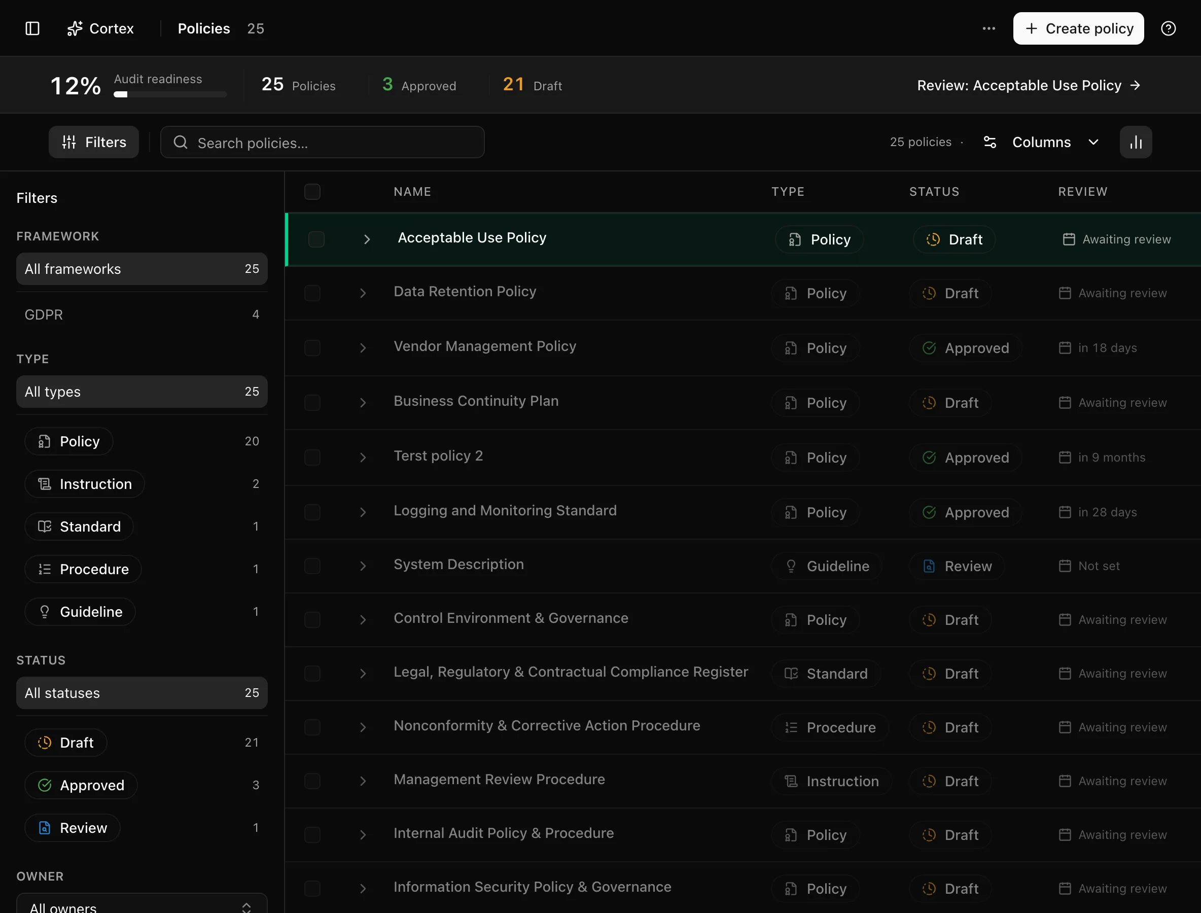 The policies table with status and framework filters and the insight strip