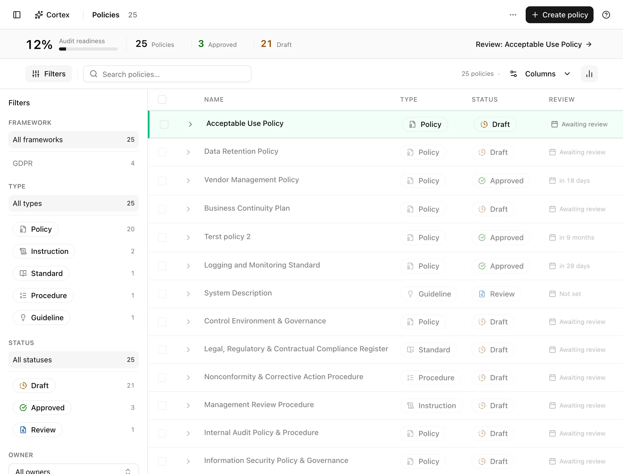The policies table with status and framework filters and the insight strip