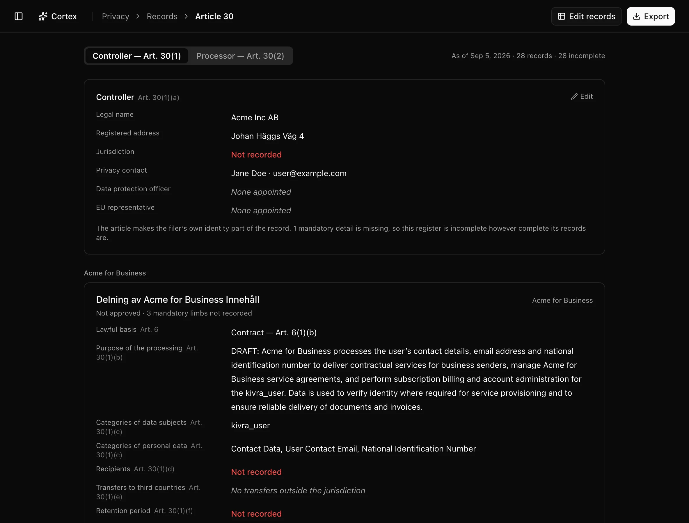 The Article 30 document view with controller header fields and per-record limbs