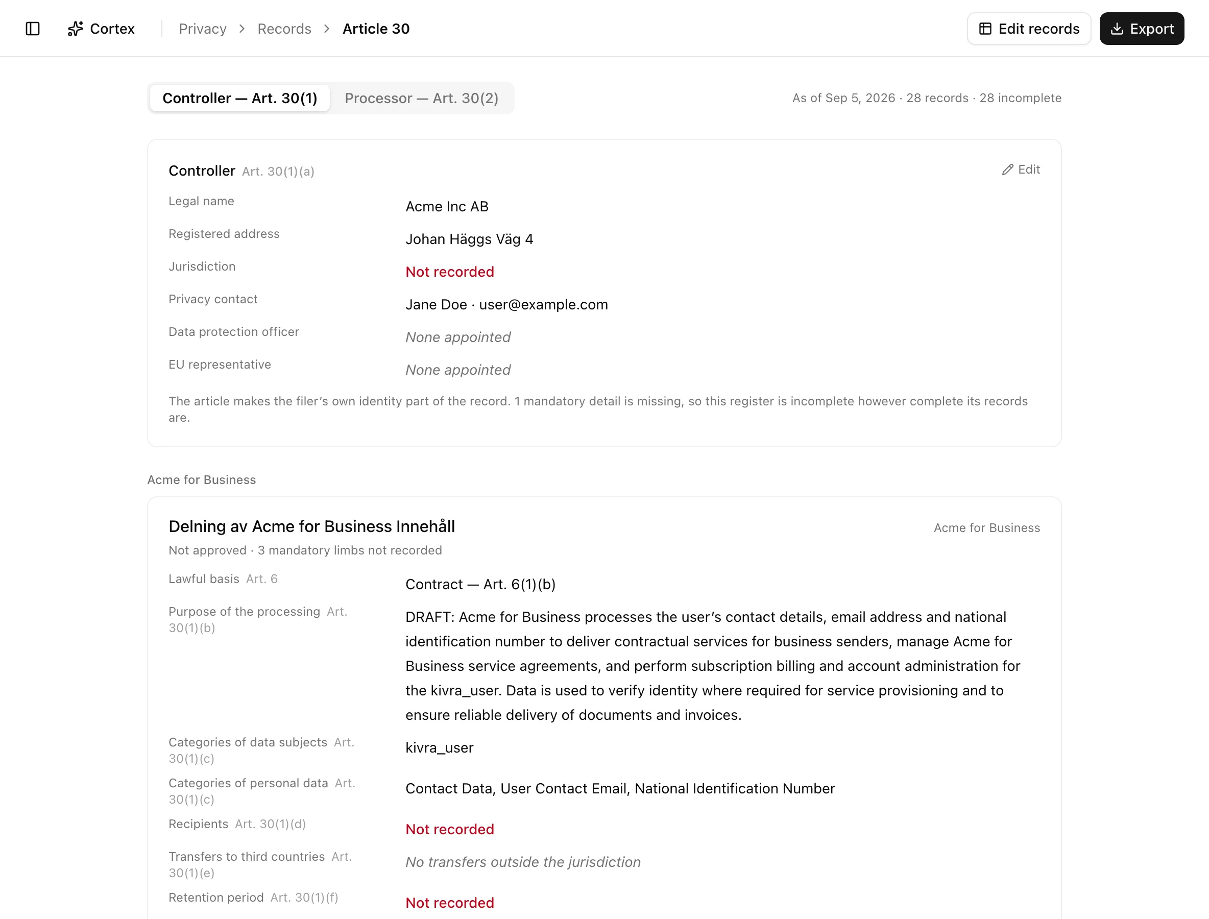 The Article 30 document view with controller header fields and per-record limbs