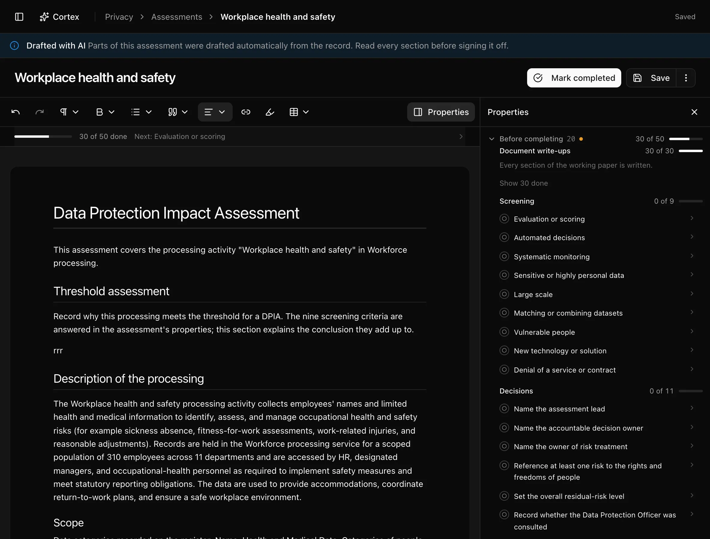 An assessment with the document editor on the left and the screening and decision rail on the right