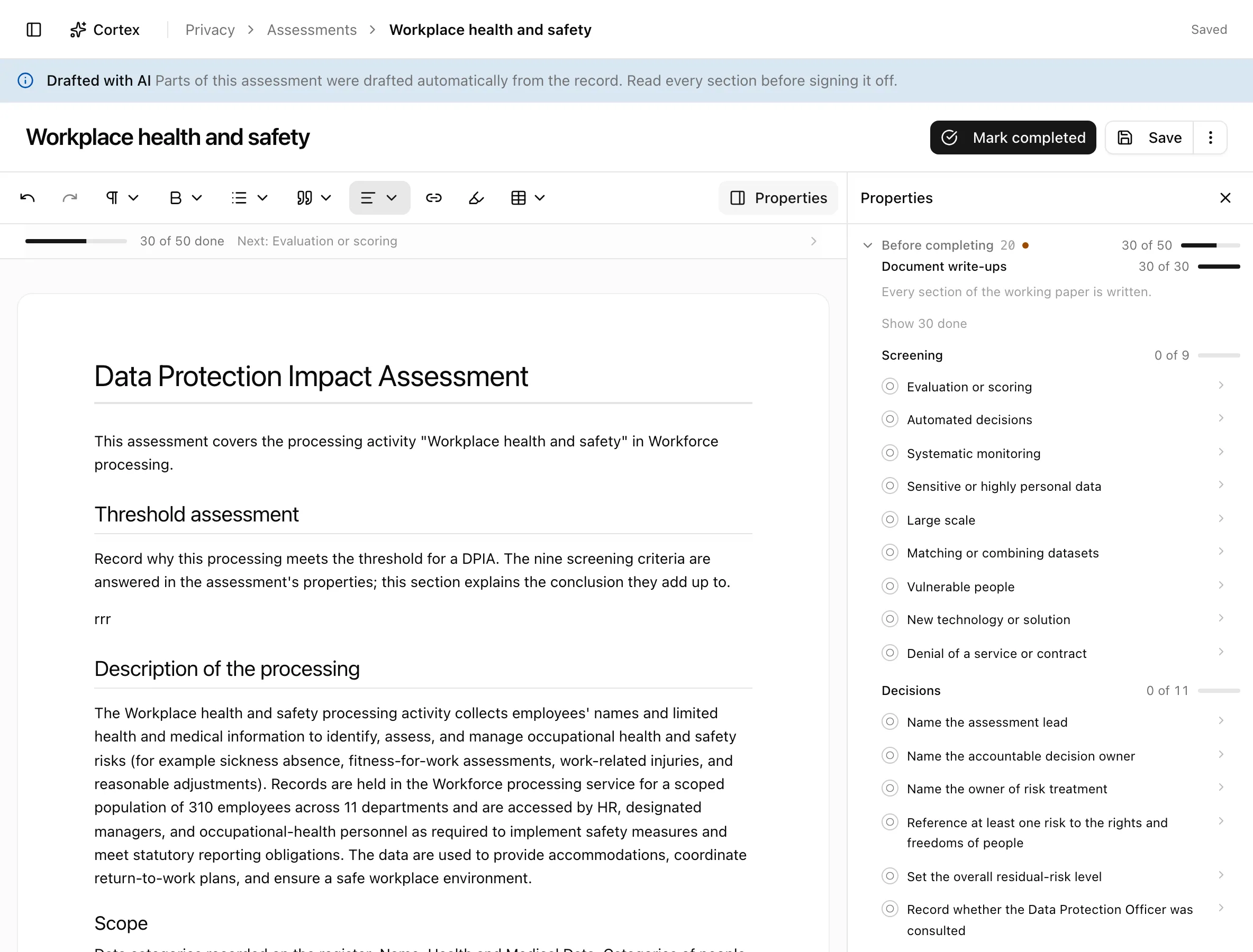 An assessment with the document editor on the left and the screening and decision rail on the right