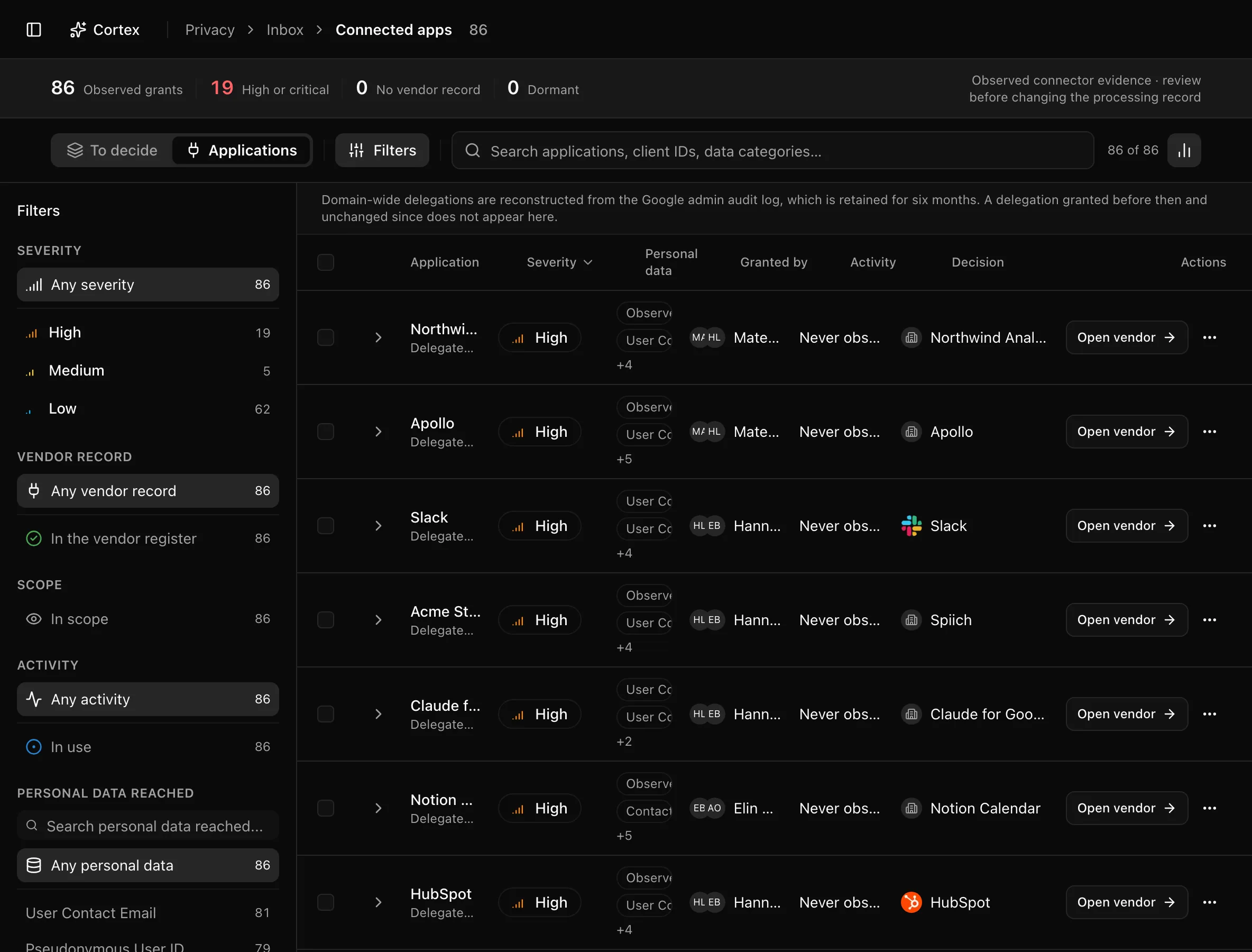 Connected apps table with severity, personal data, and decision columns
