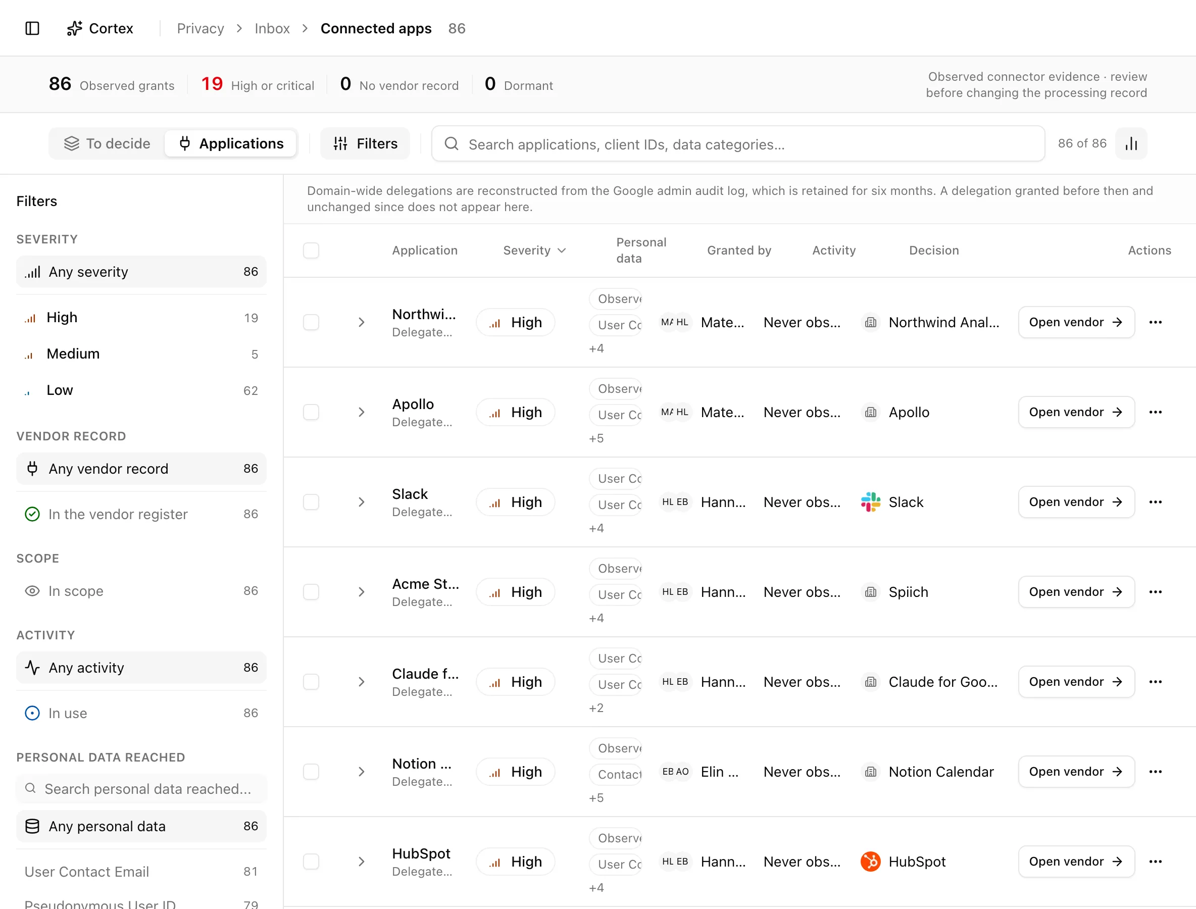 Connected apps table with severity, personal data, and decision columns