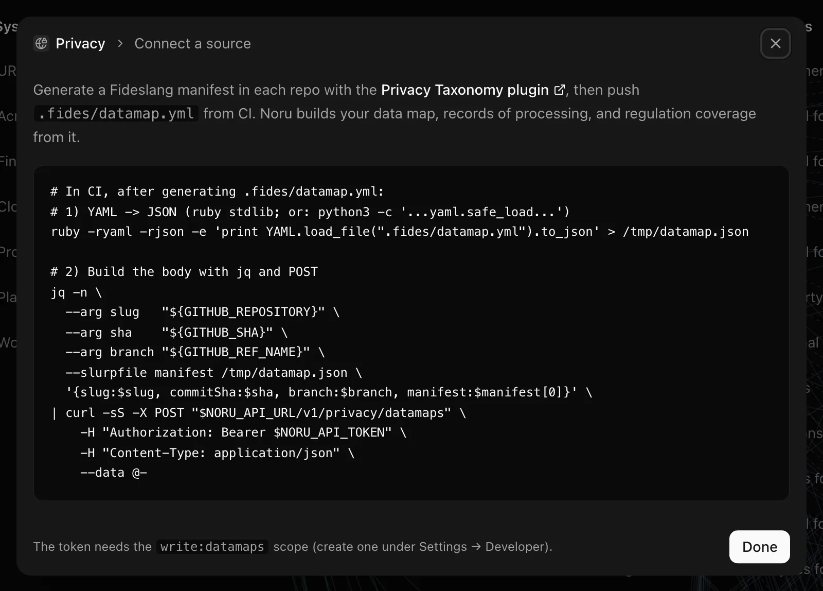 The Connect a source dialog with the CI snippet