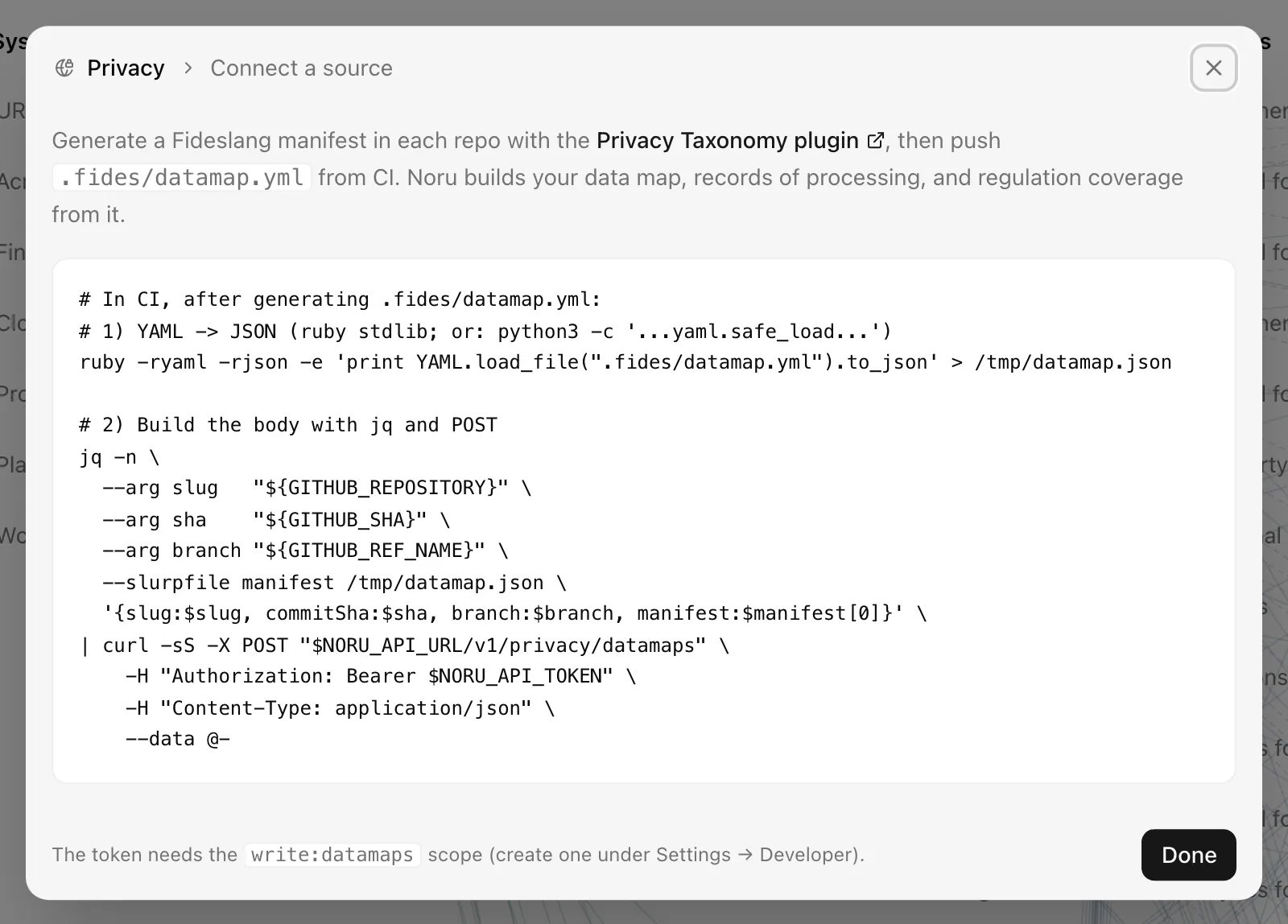 The Connect a source dialog with the CI snippet