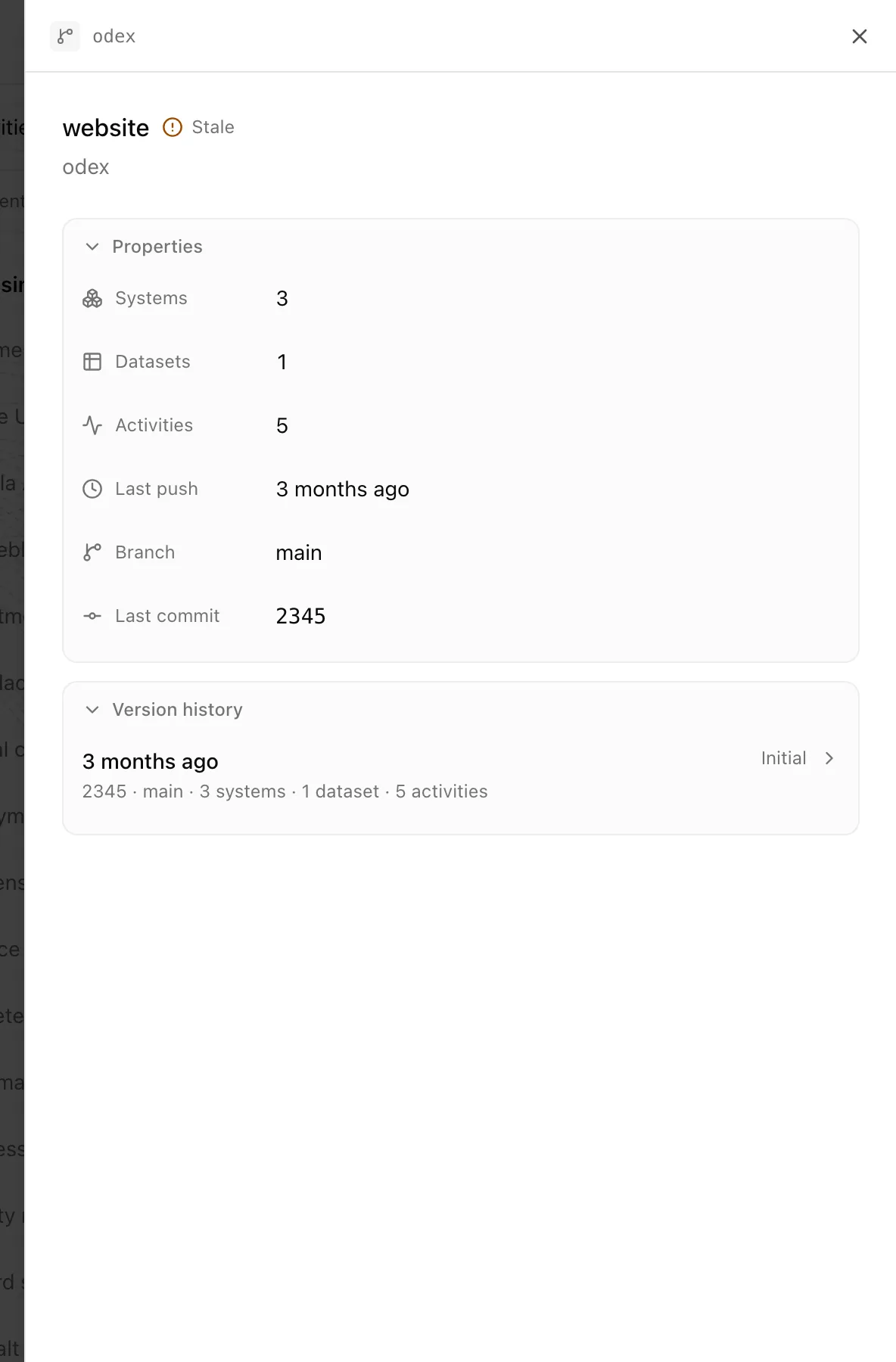 Version diff dialog listing systems, datasets, and processing activities added, removed, and changed