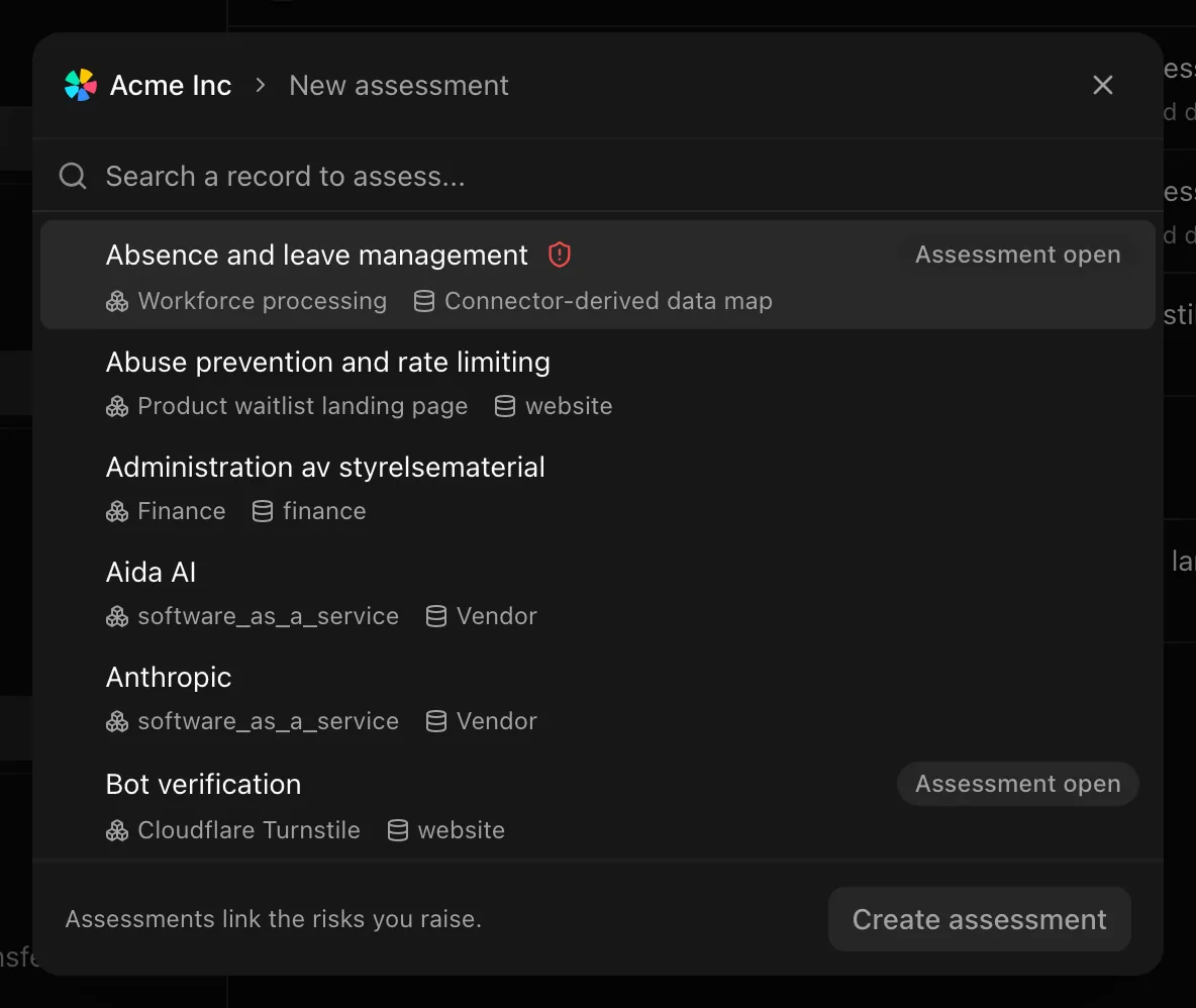 The New assessment dialog with a record search