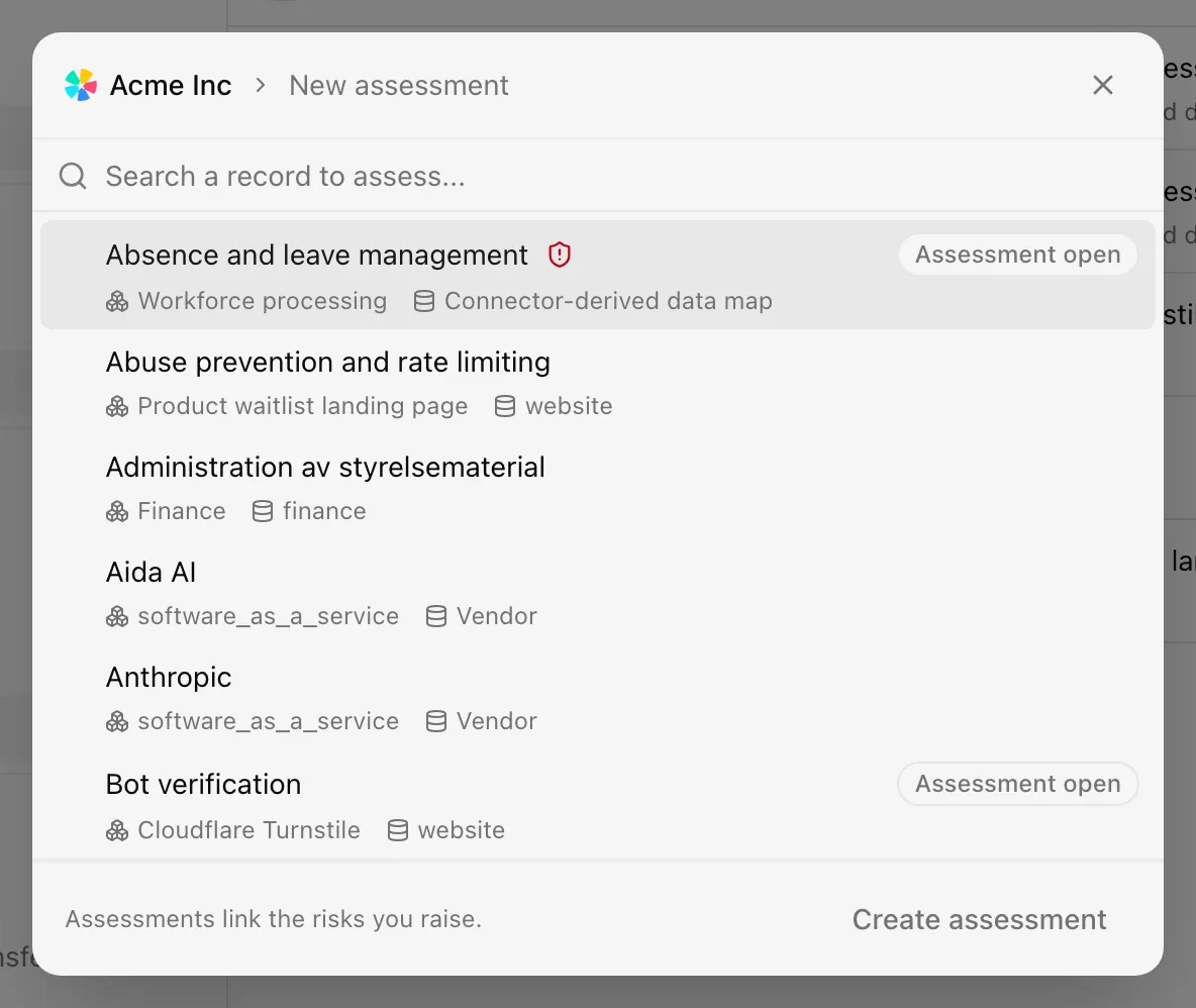 The New assessment dialog with a record search