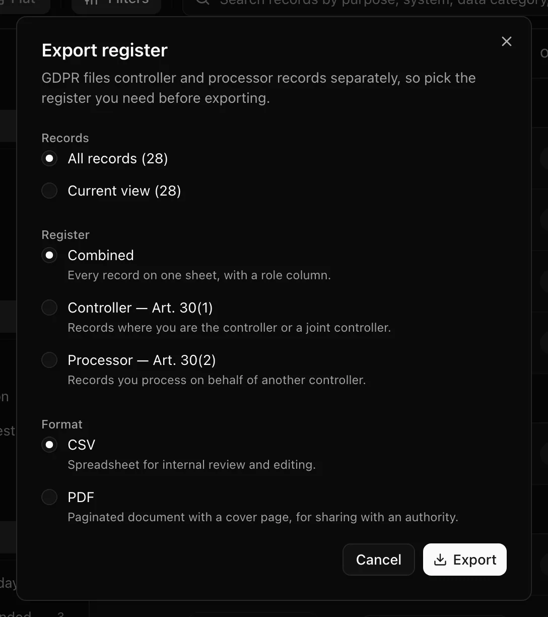The Export register dialog with Records, Register, and Format choices