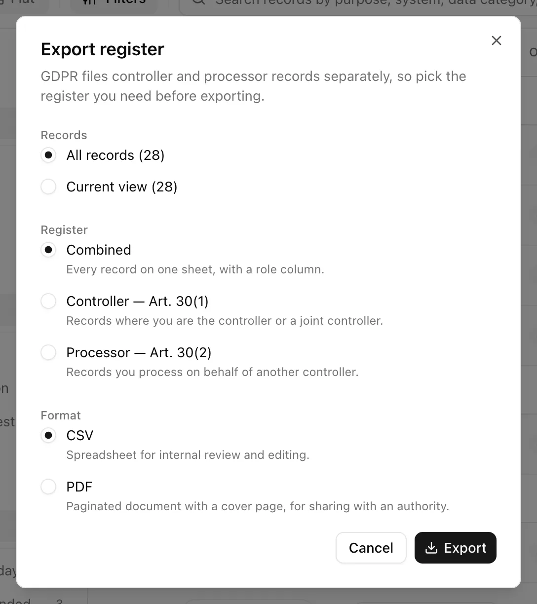 The Export register dialog with Records, Register, and Format choices
