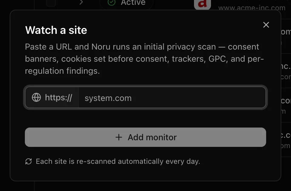 The Watch a site dialog with a URL field