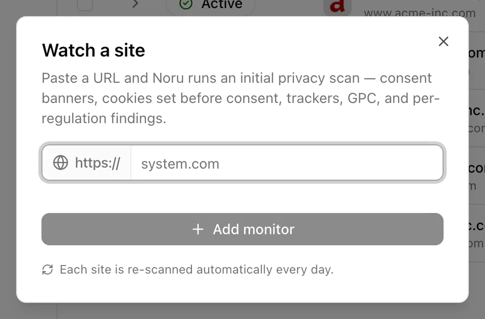 The Watch a site dialog with a URL field