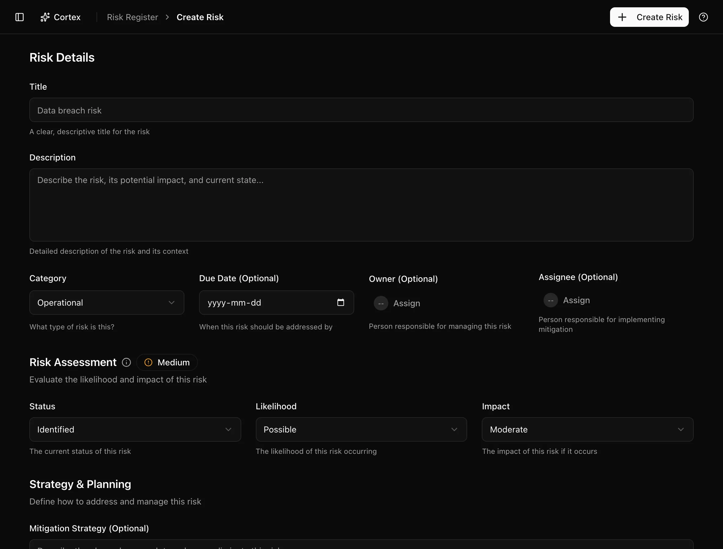 The Create Risk page with the Risk and Advanced tabs and the treatment plan section