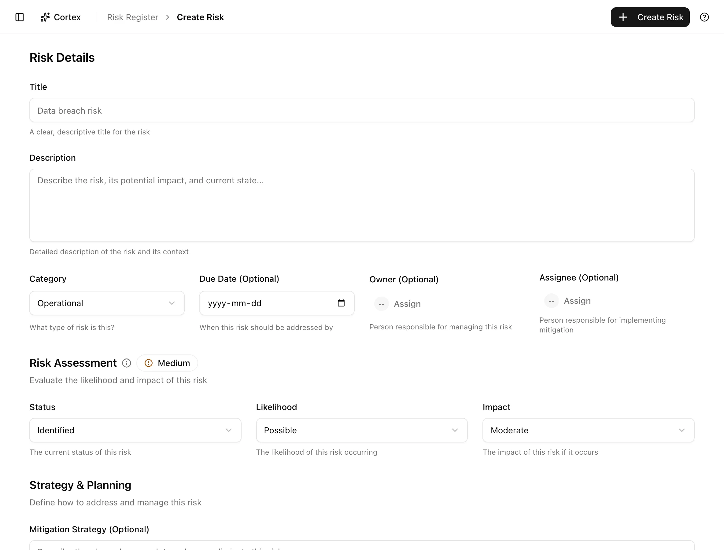 The Create Risk page with the Risk and Advanced tabs and the treatment plan section