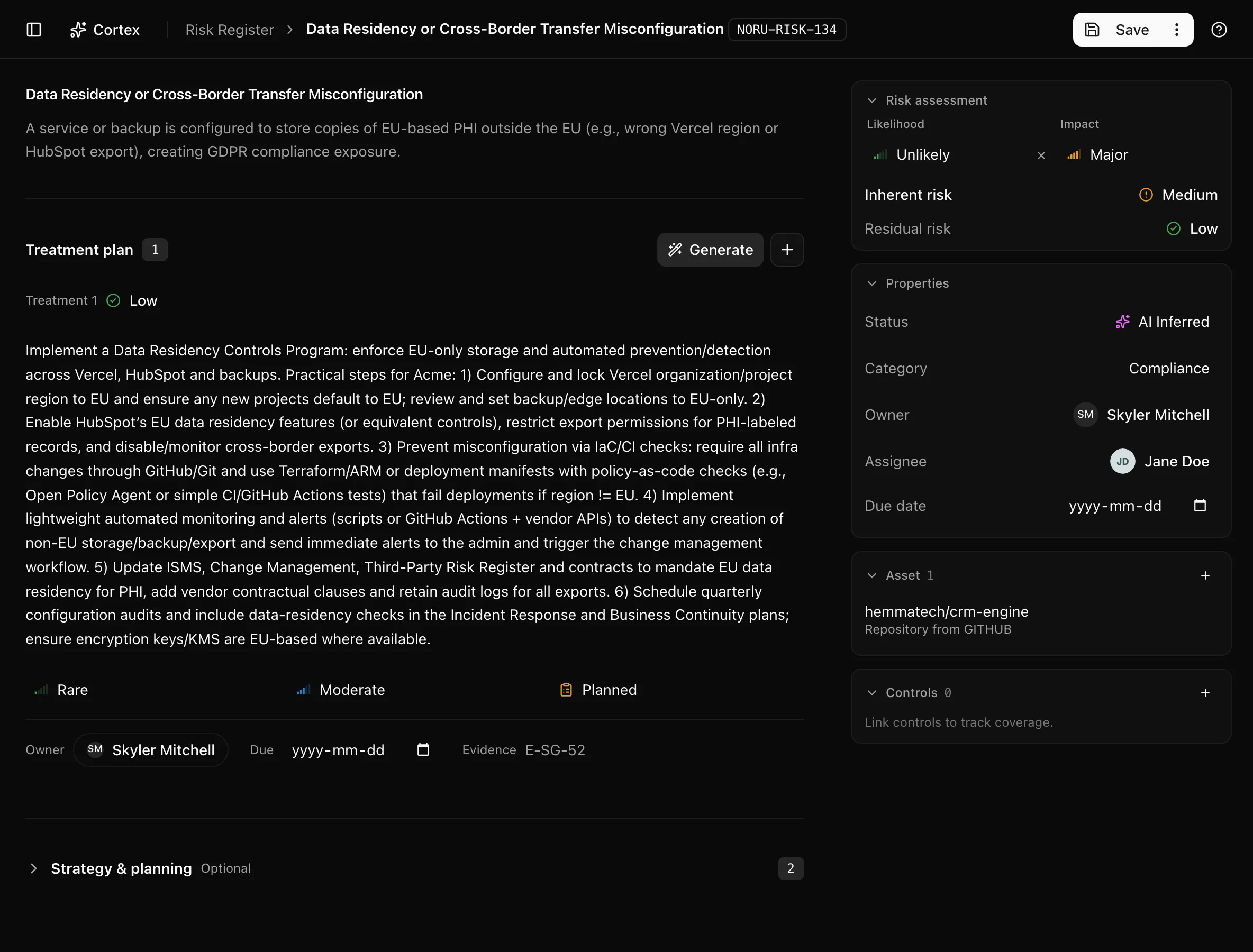 Risk detail page with Risk assessment, Properties, Asset, Controls, and Policies panels and the treatments list