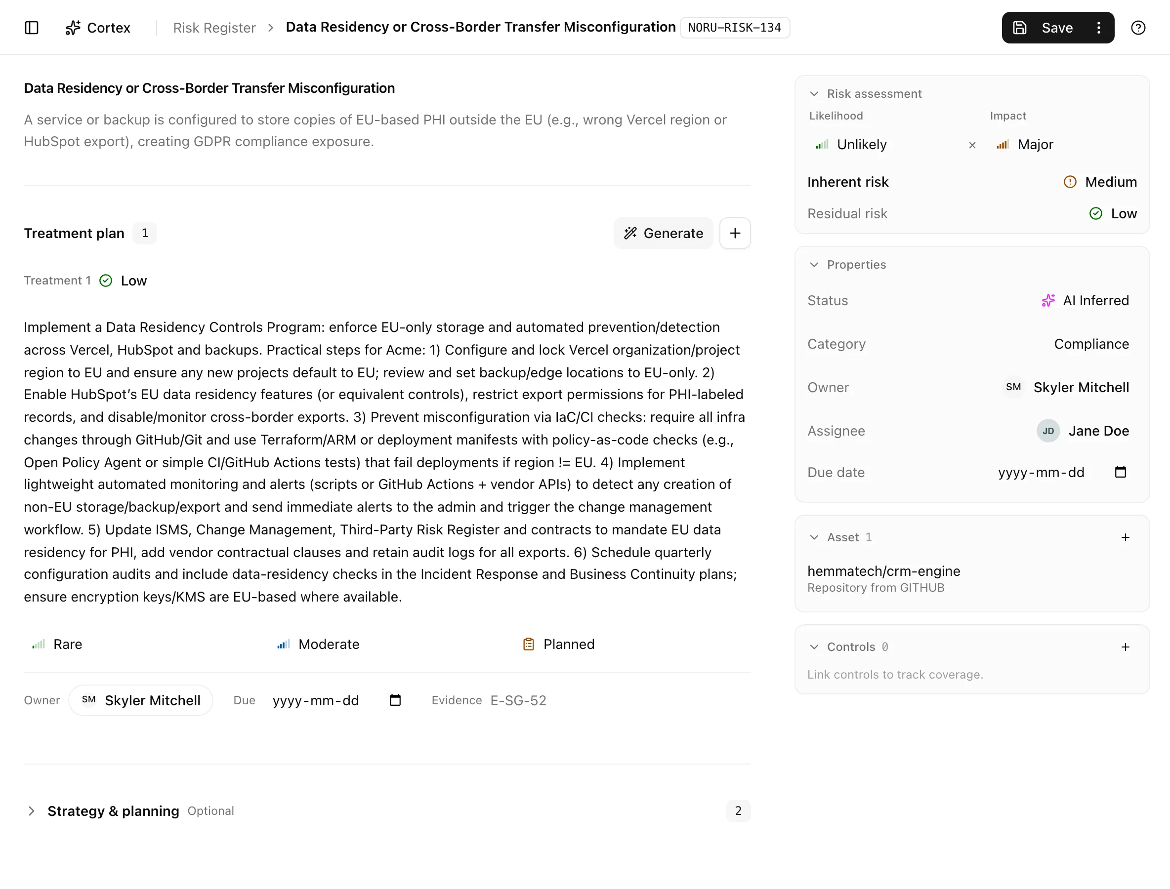 Risk detail page with Risk assessment, Properties, Asset, Controls, and Policies panels and the treatments list