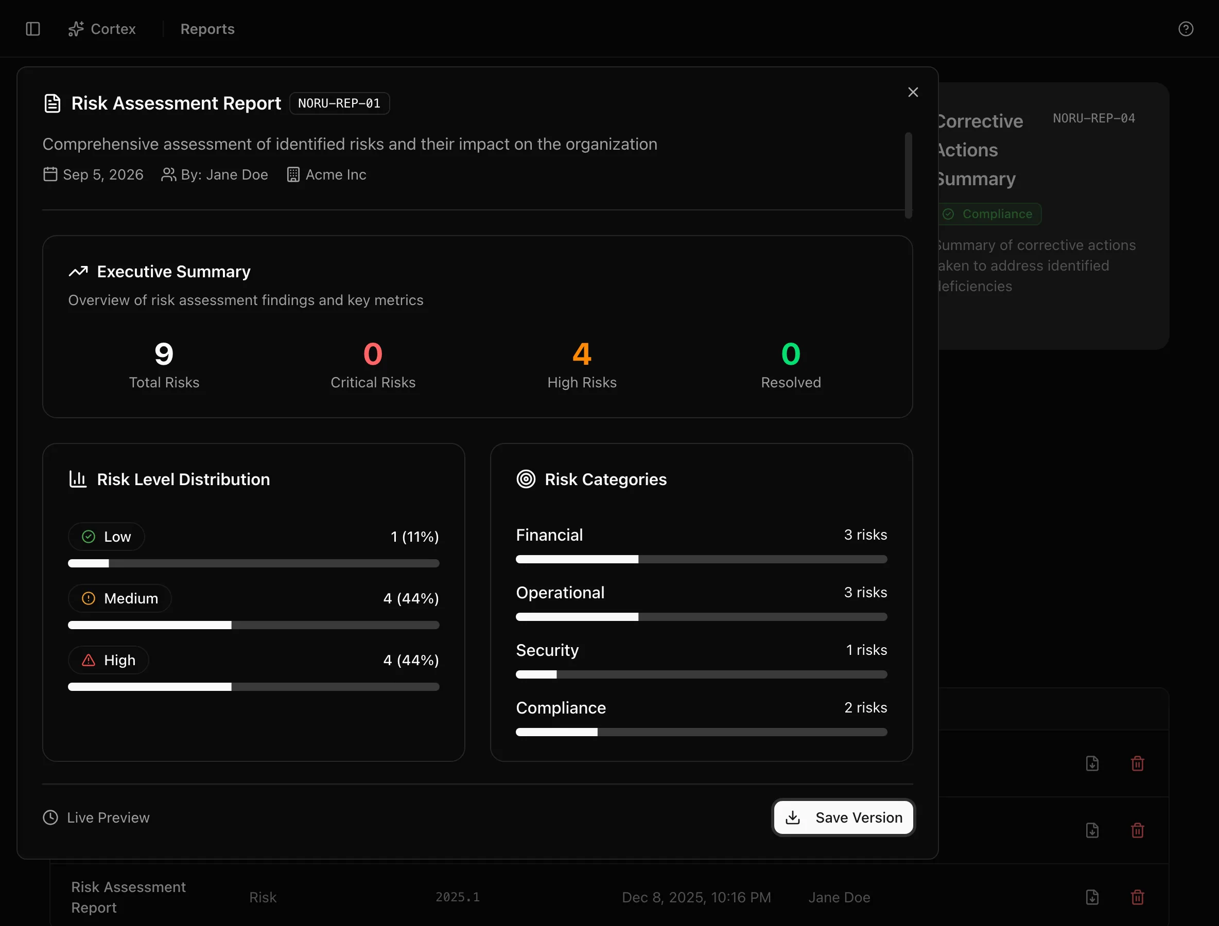 The Risk Assessment Report modal showing the live preview with the executive summary and risk level distribution