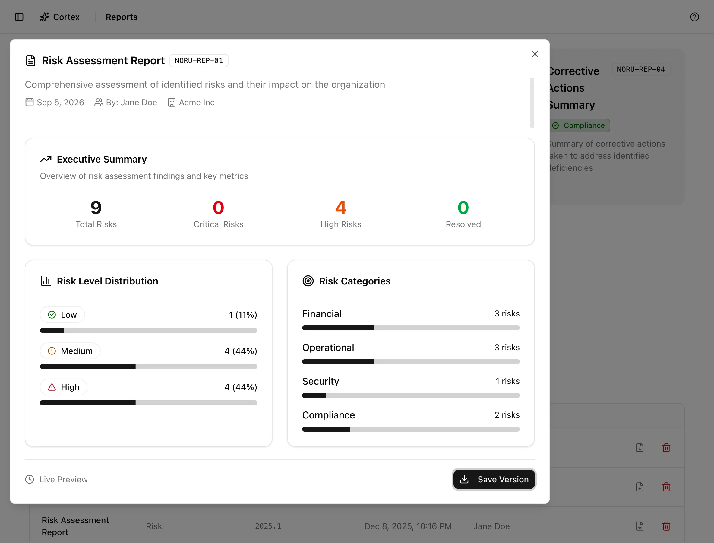 The Risk Assessment Report modal showing the live preview with the executive summary and risk level distribution