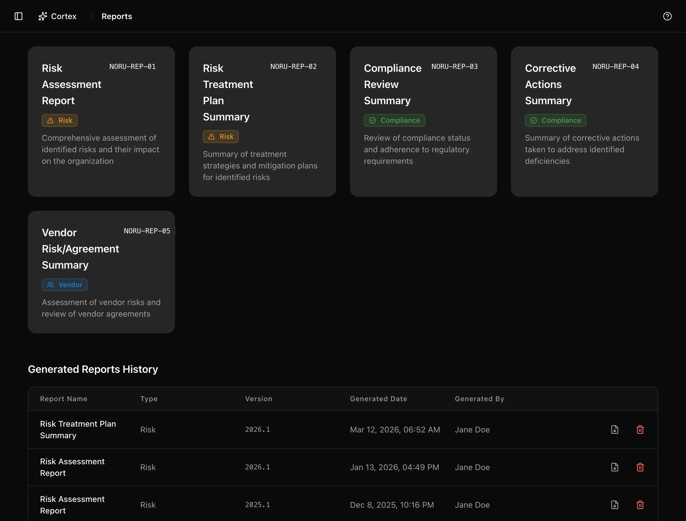 Risk reports page with five report cards and the Generated Reports History table