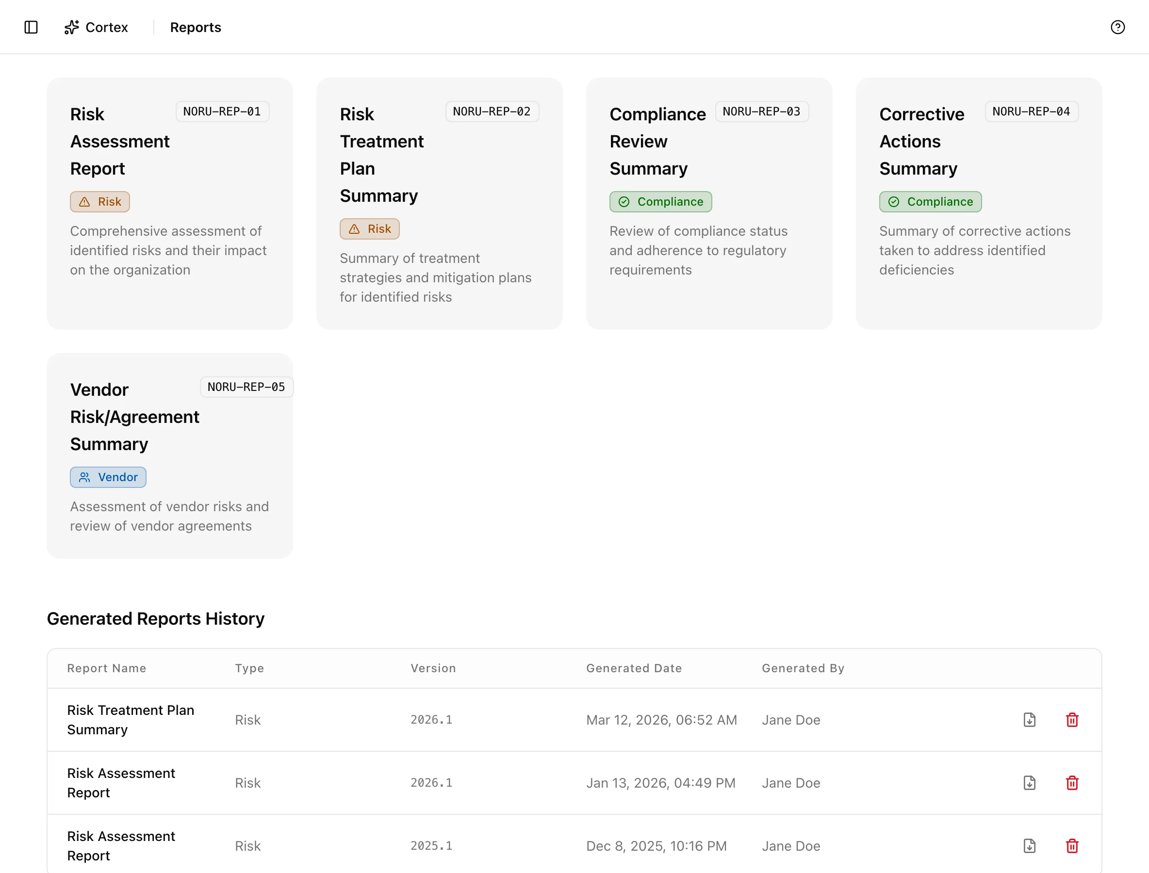 Risk reports page with five report cards and the Generated Reports History table