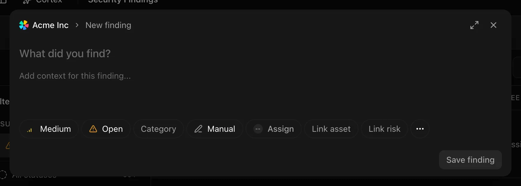 The New finding dialog with severity, status, category, and source chips and the Details tab
