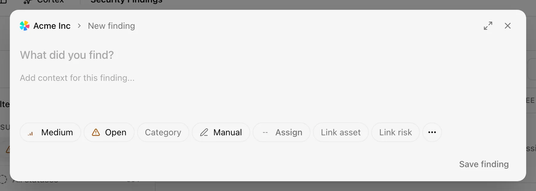 The New finding dialog with severity, status, category, and source chips and the Details tab