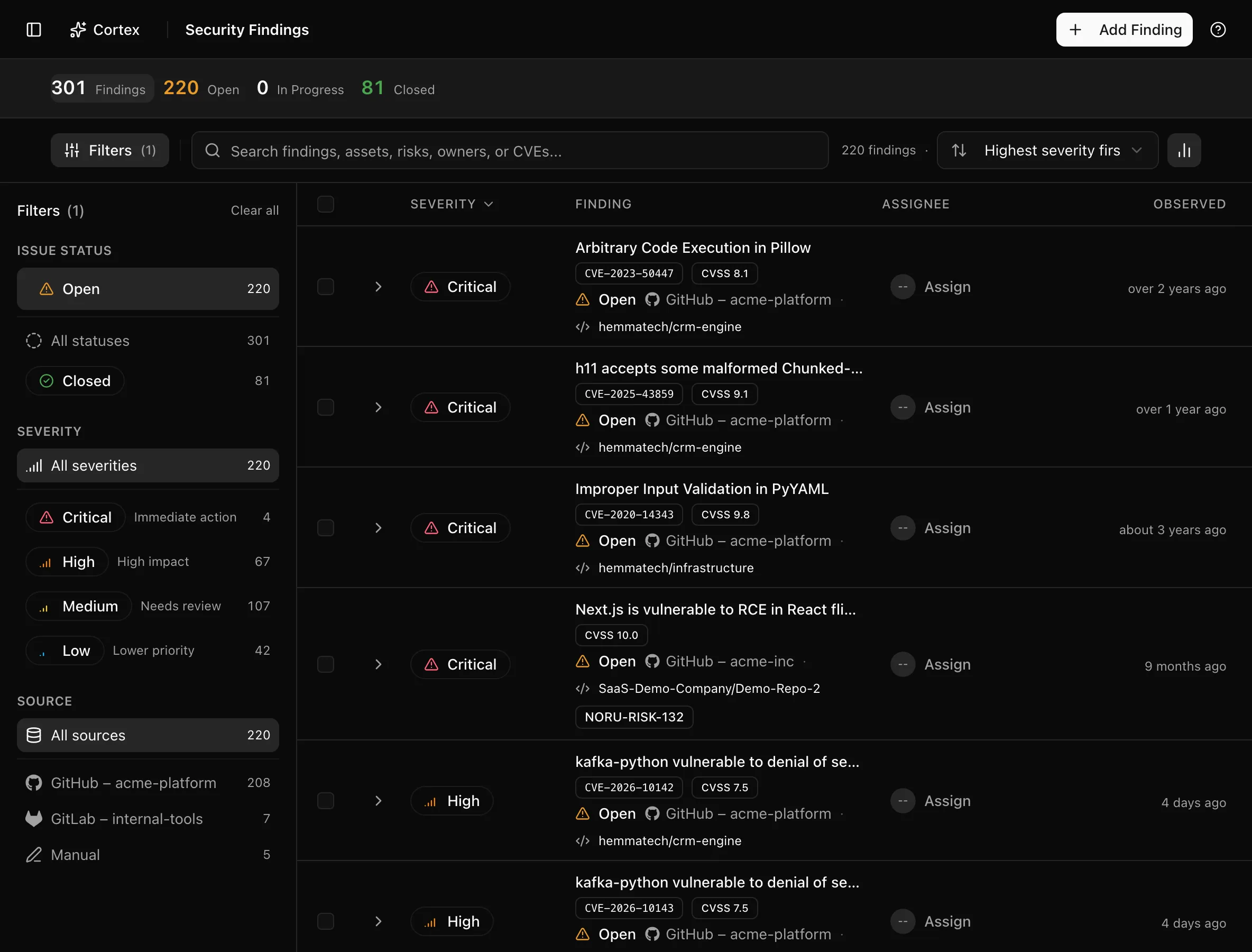 Security findings list with the insight strip and status, severity, and source filters