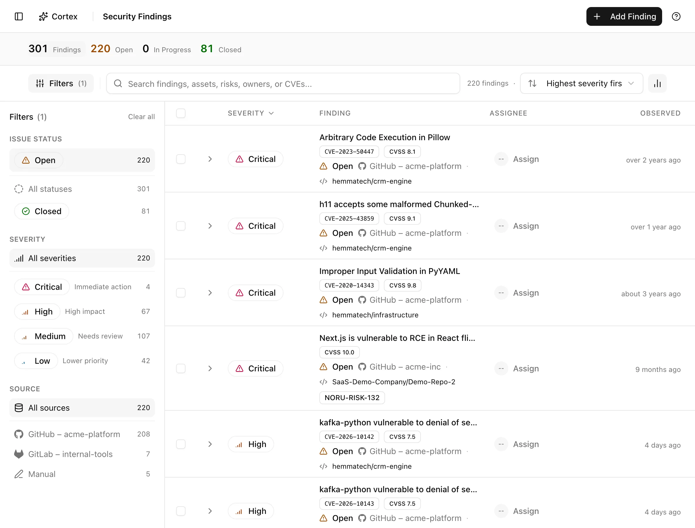 Security findings list with the insight strip and status, severity, and source filters