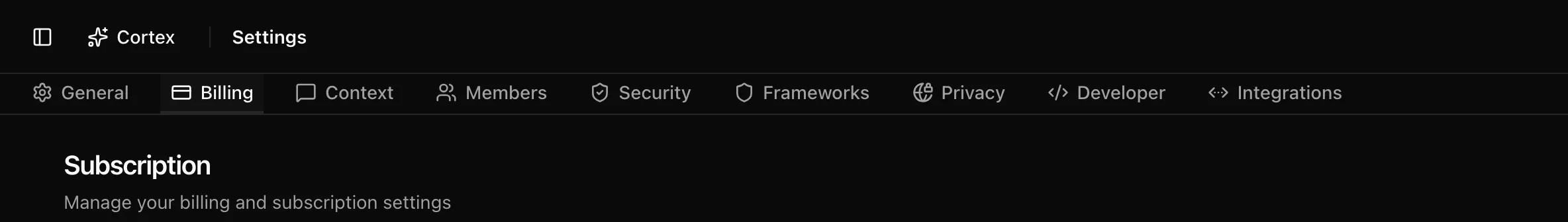 The settings tab strip with Billing selected, above the Subscription heading