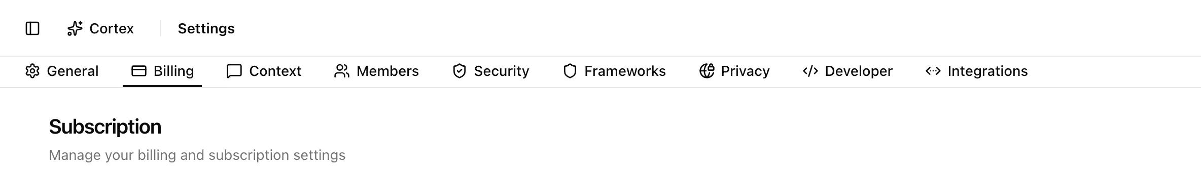 The settings tab strip with Billing selected, above the Subscription heading