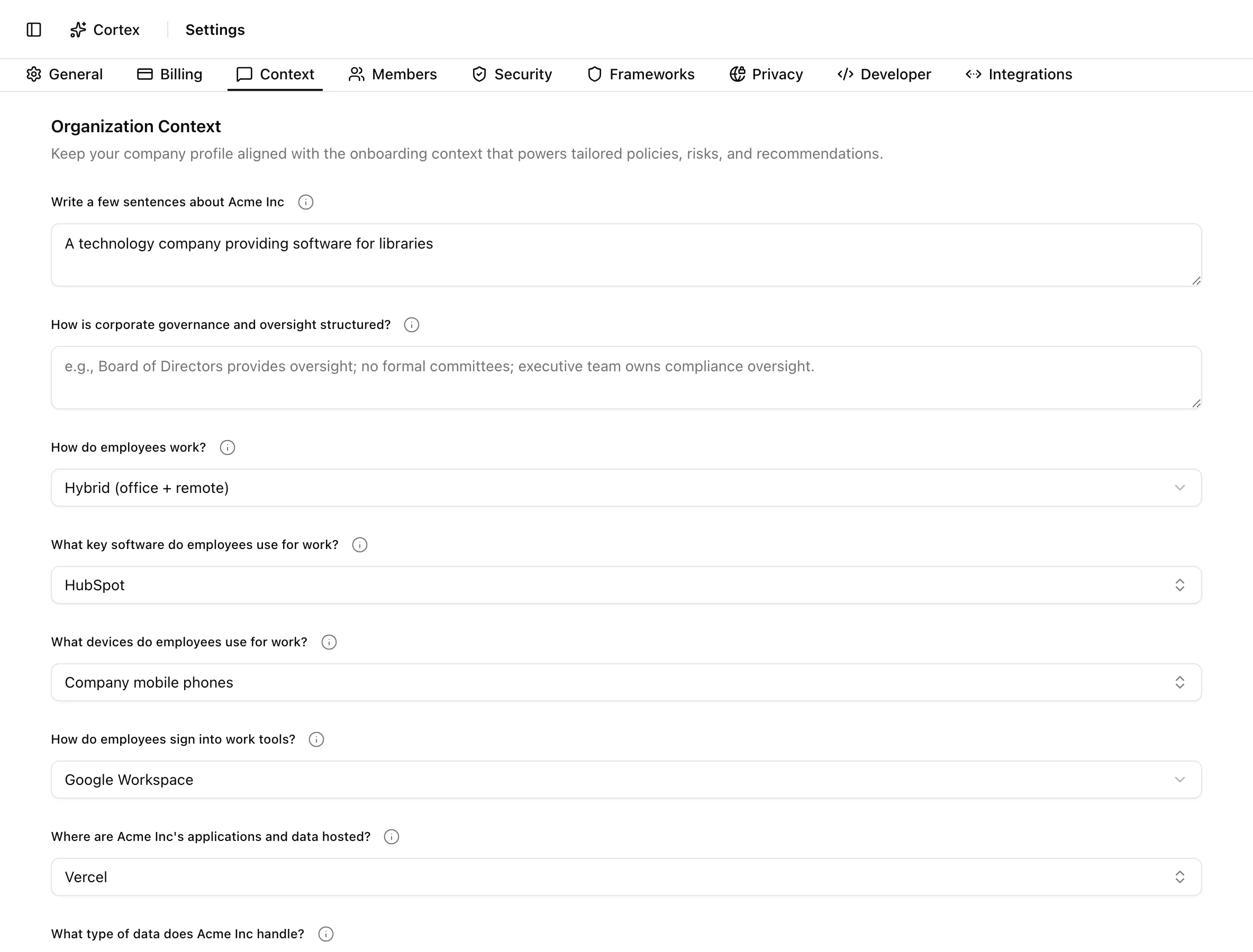 Organization Context card with free-text and multiple-choice questions about the company