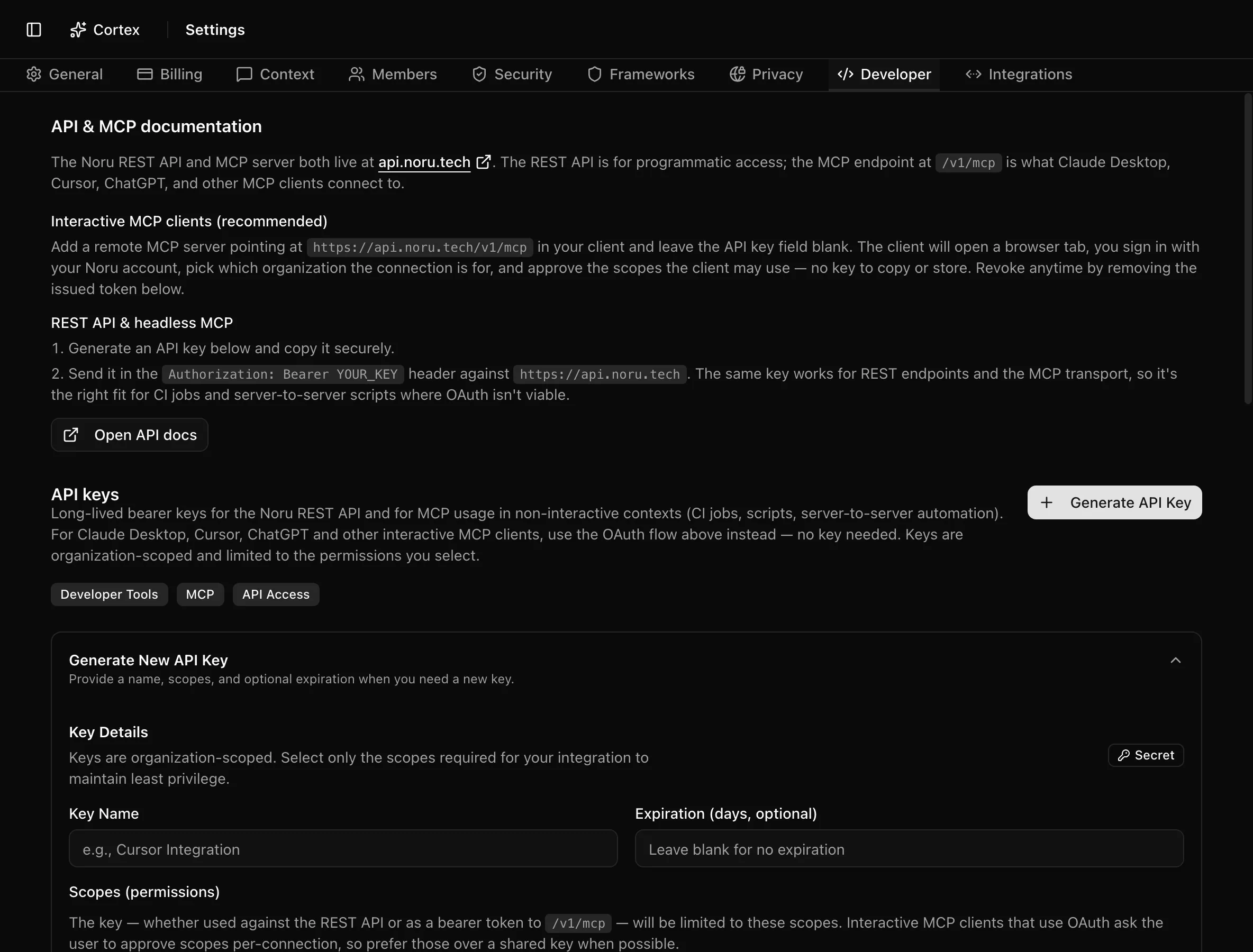 Generate New API Key form with name, expiration, and a grid of scope checkboxes