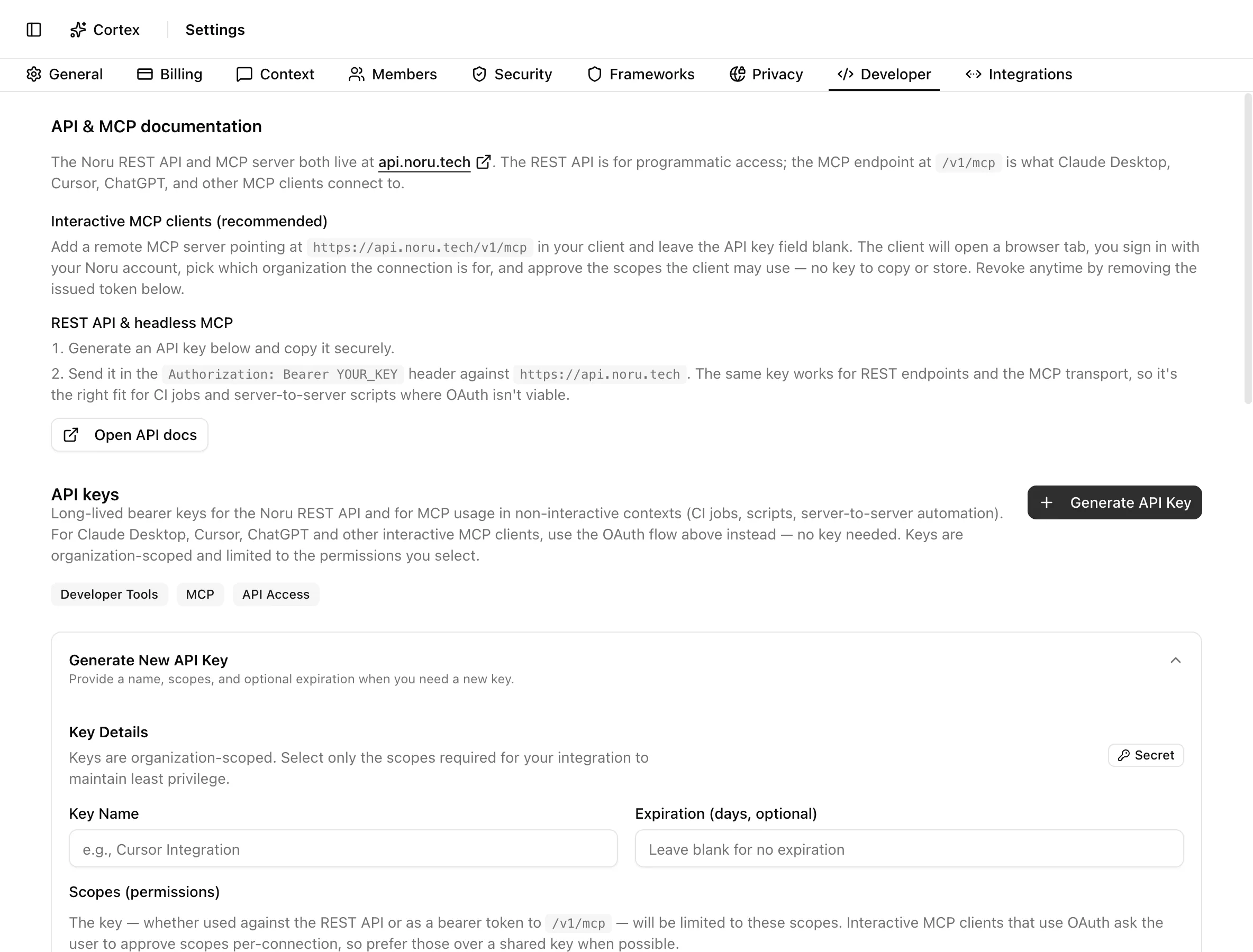 Generate New API Key form with name, expiration, and a grid of scope checkboxes