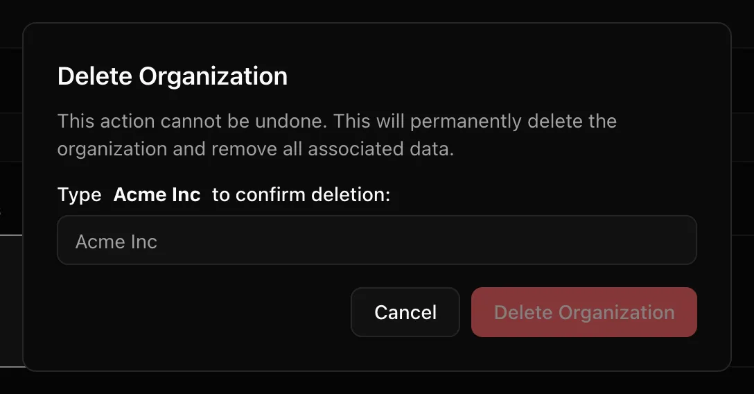 Delete Organization dialog asking the admin to type the organization name to confirm