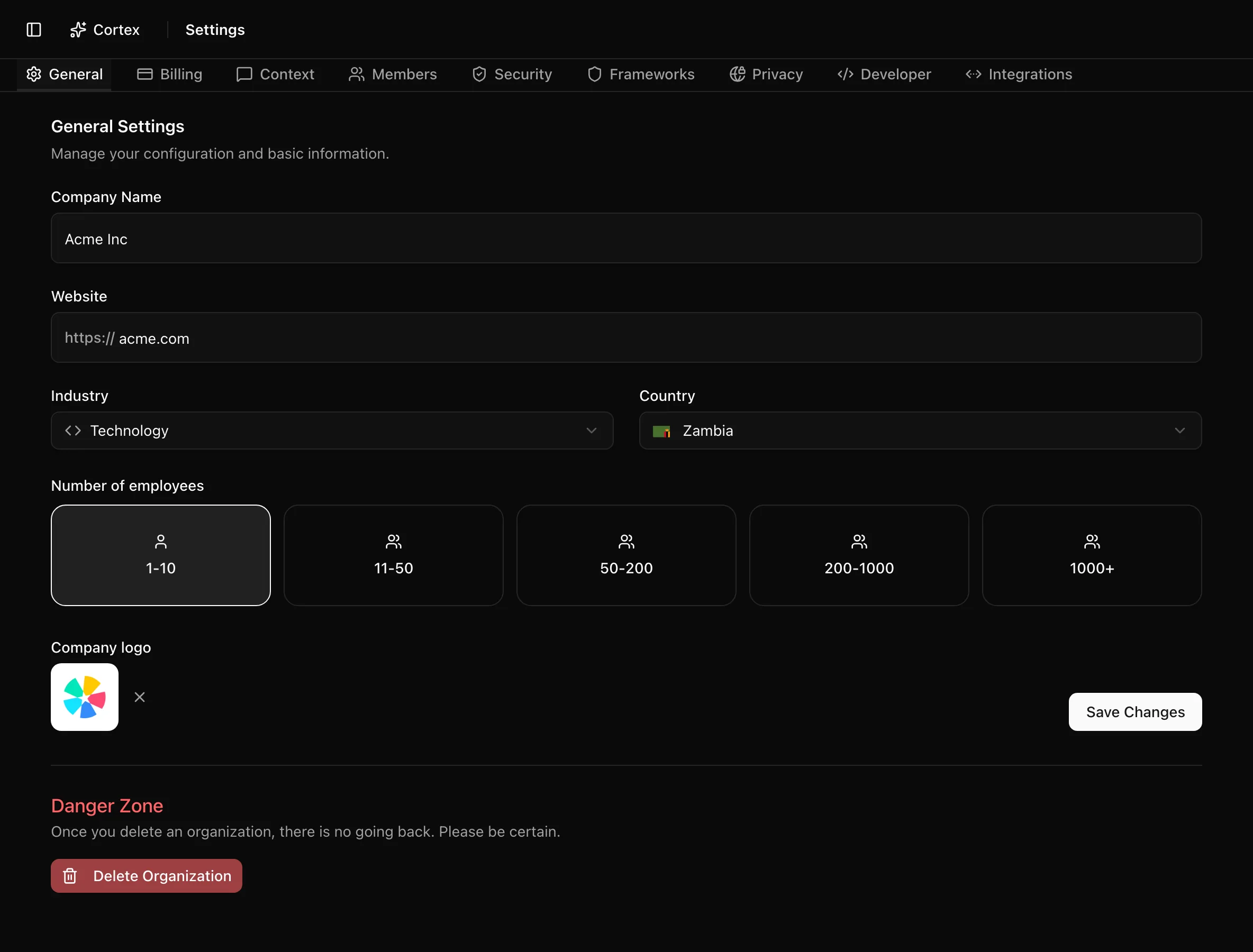 Organization settings page open on the General tab, with the tab bar across the top