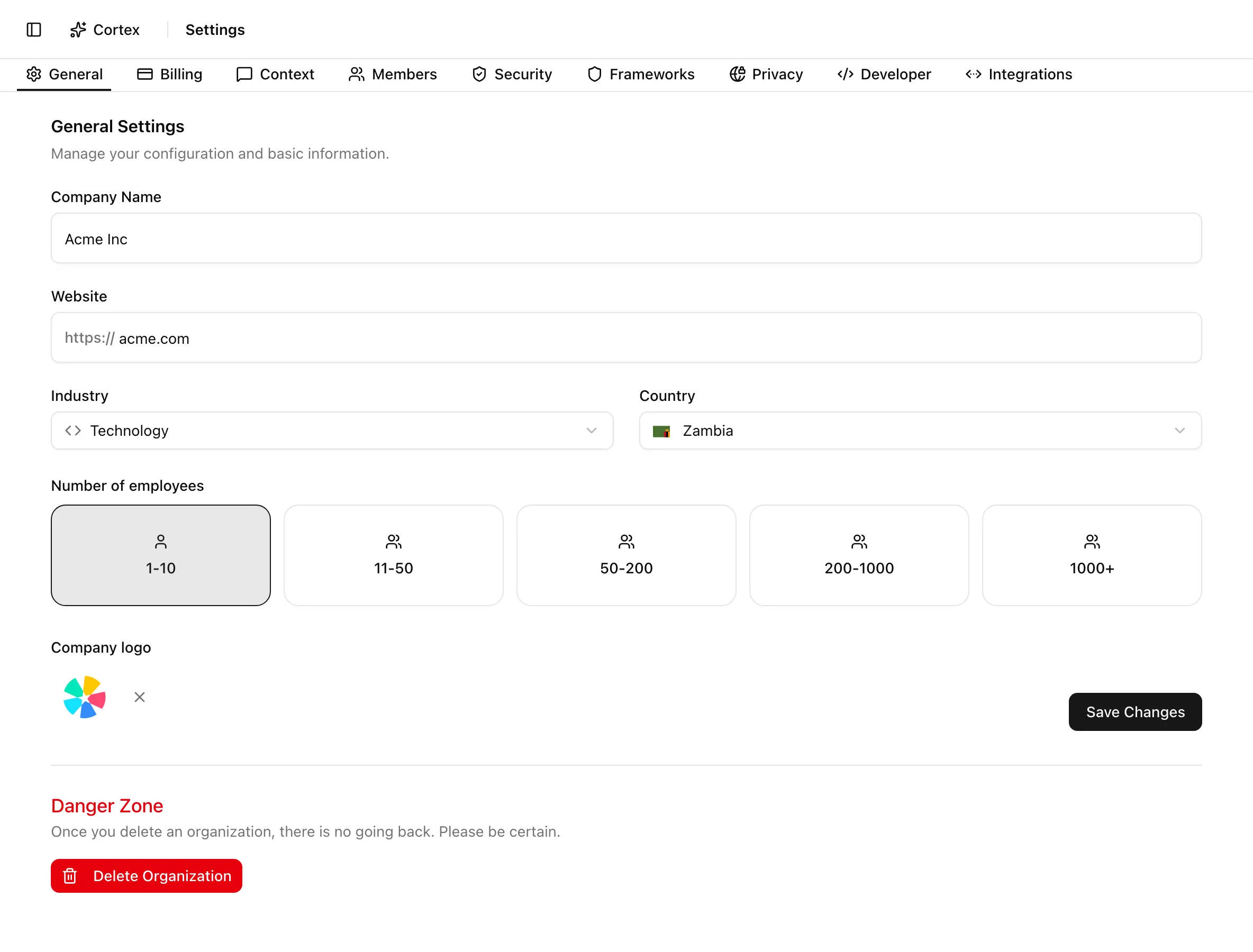 Organization settings page open on the General tab, with the tab bar across the top