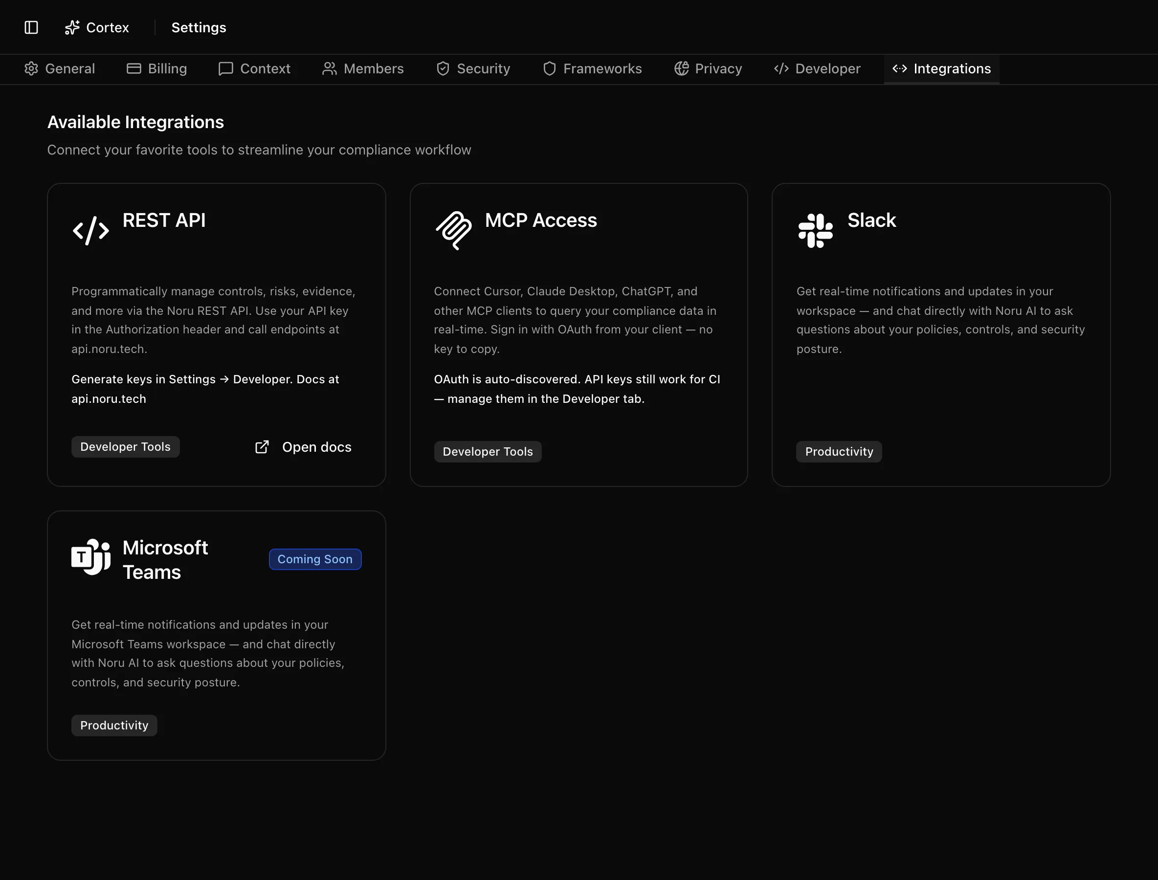 Available Integrations grid with REST API, MCP Access, Slack, and Microsoft Teams cards