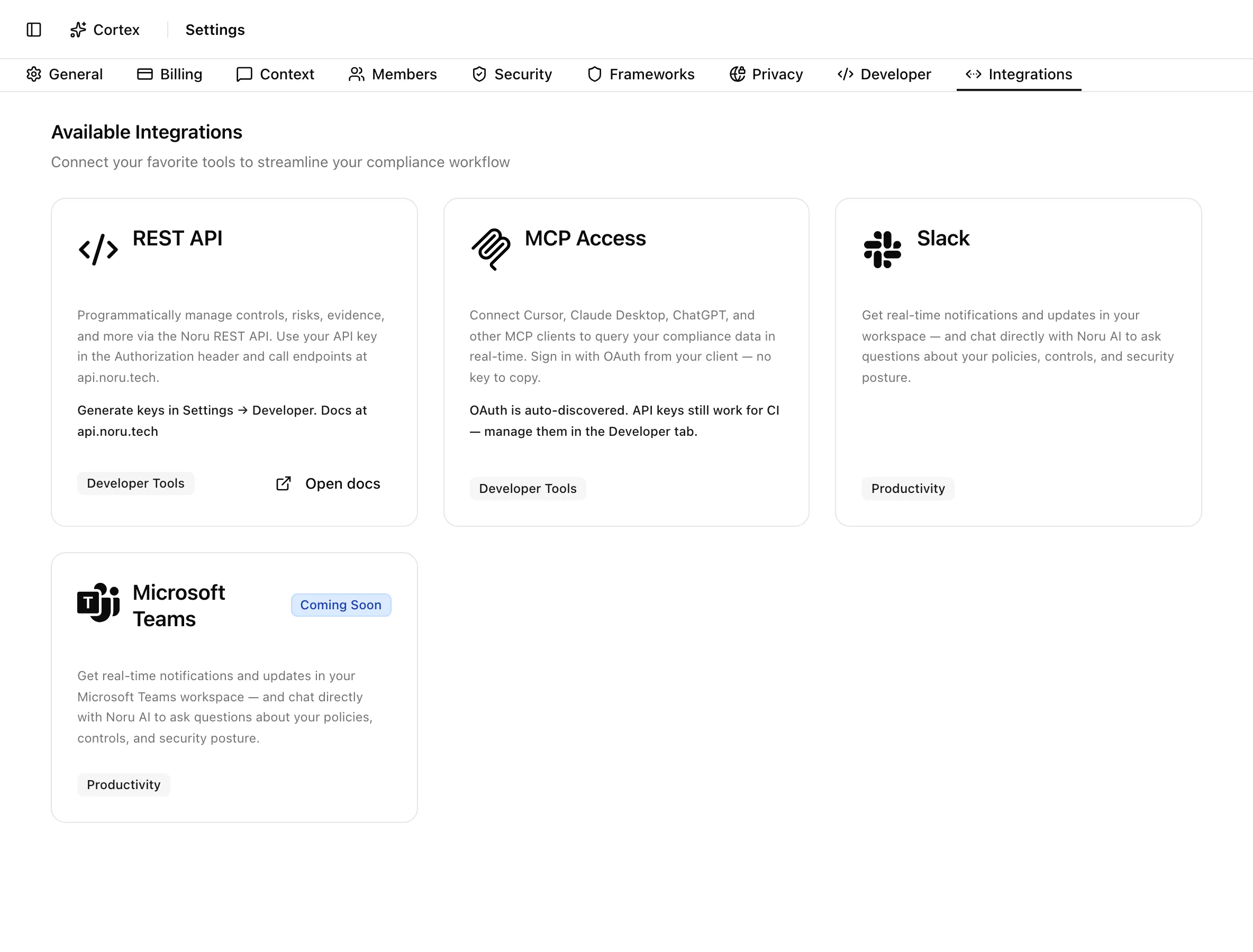 Available Integrations grid with REST API, MCP Access, Slack, and Microsoft Teams cards