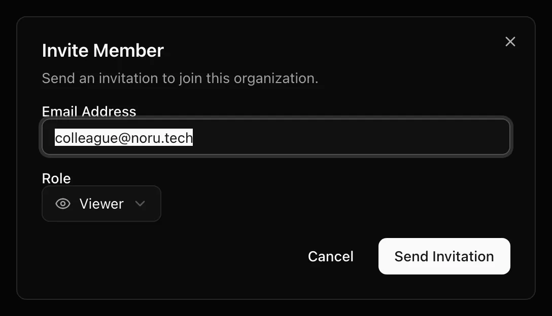 Invite Member dialog with Email Address and Role fields
