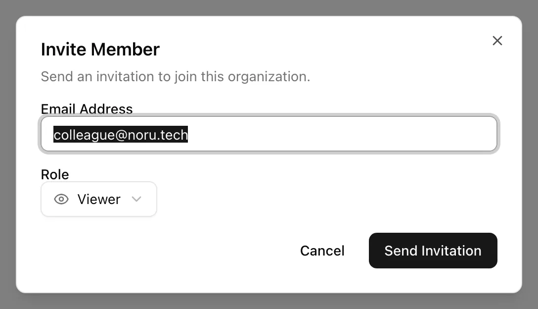 Invite Member dialog with Email Address and Role fields