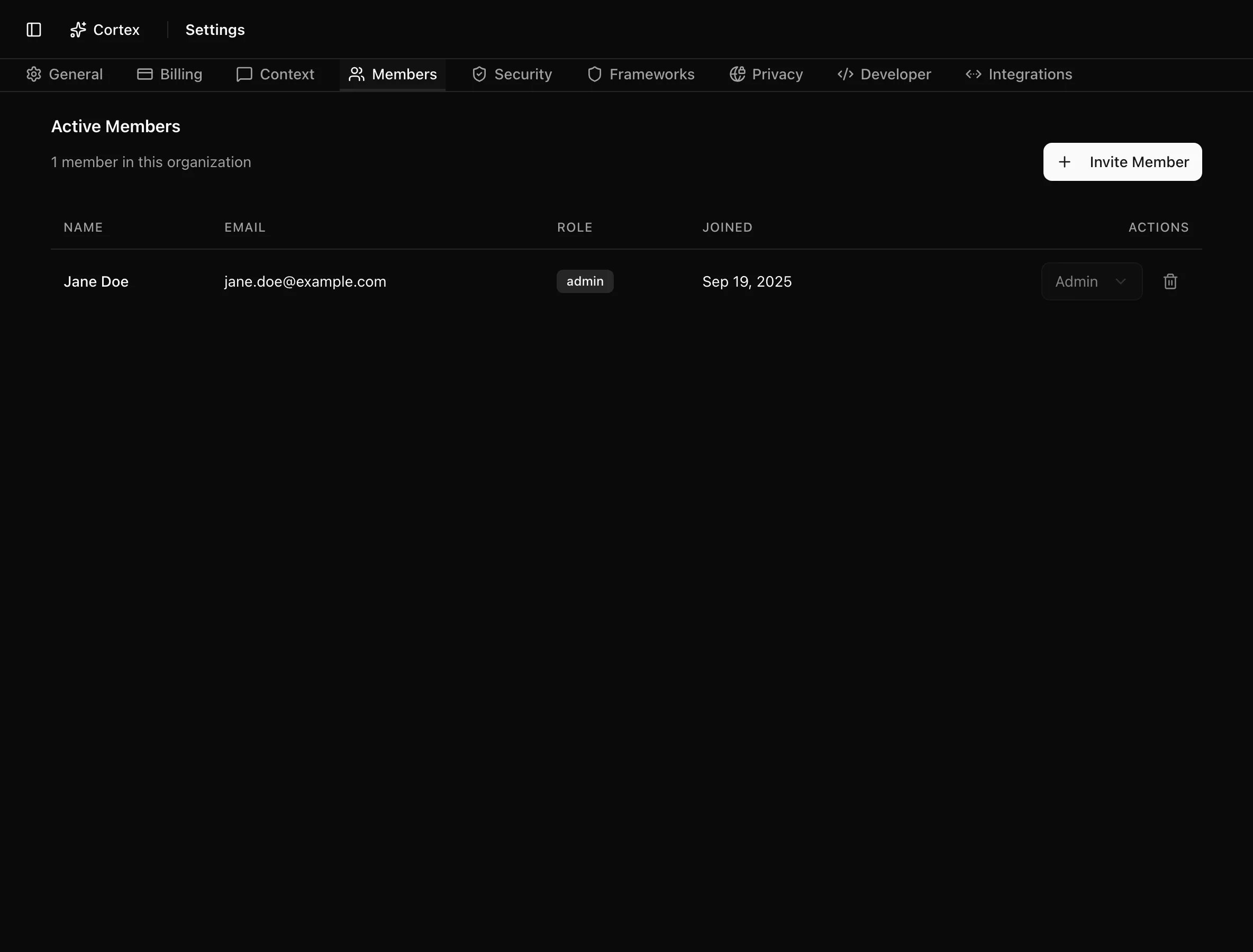 Active Members table with name, email, role, joined date, and per-row role select and remove button