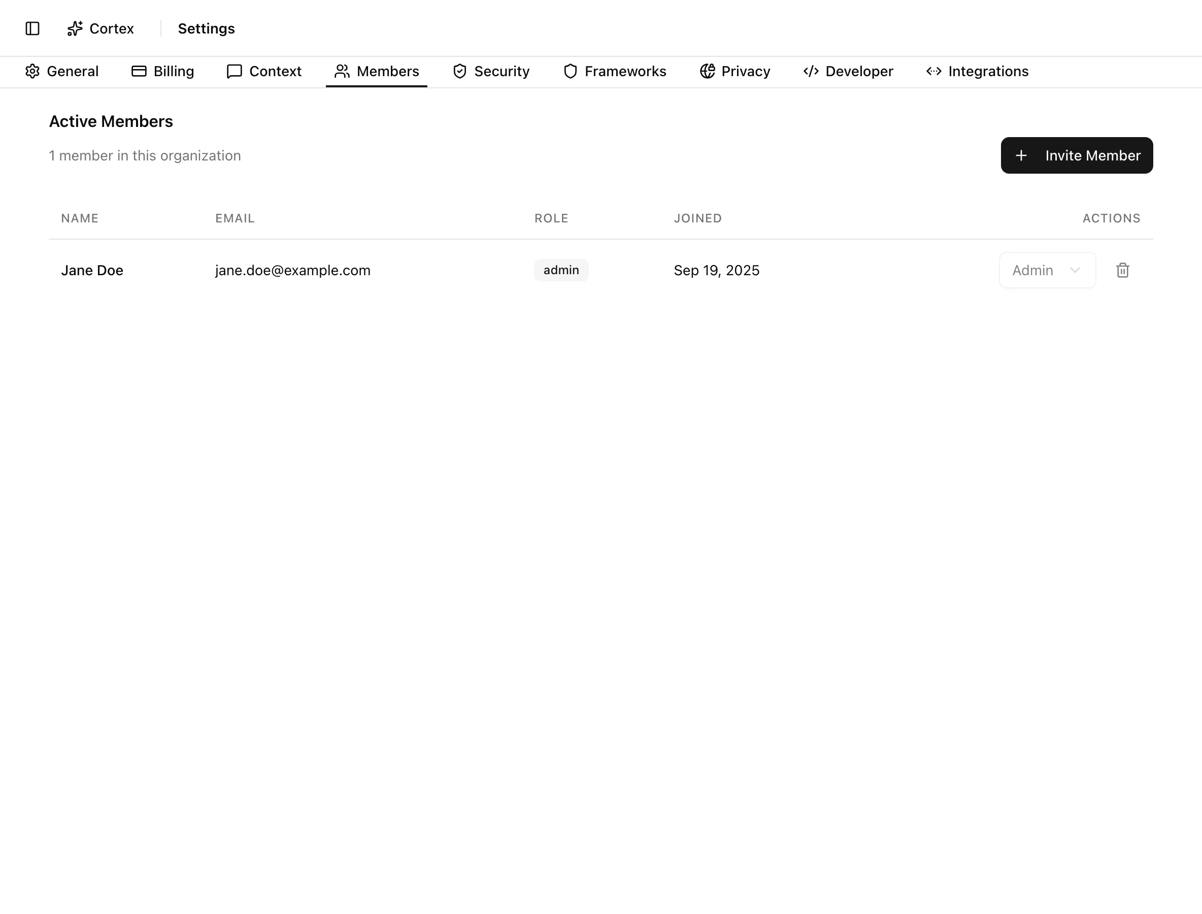 Active Members table with name, email, role, joined date, and per-row role select and remove button